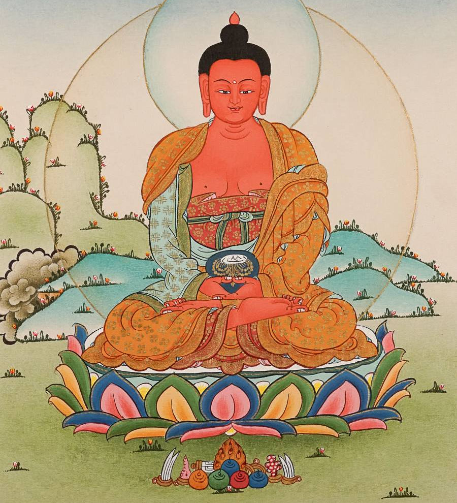 Amitabha Buddha Thangka painting for wall hanging decor.