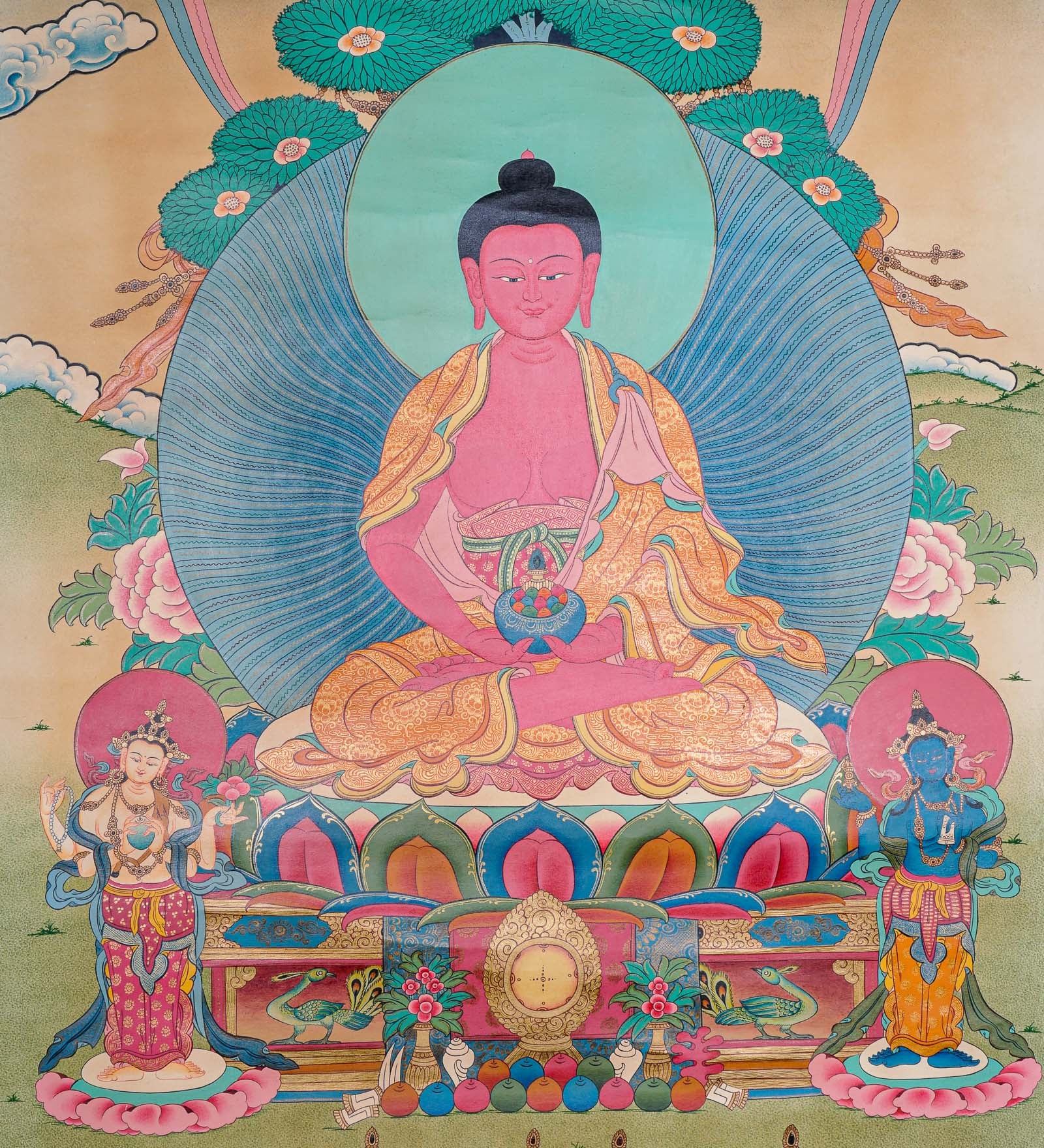 Antique Amitabha Buddha Thangka - Tibetan Painting 
