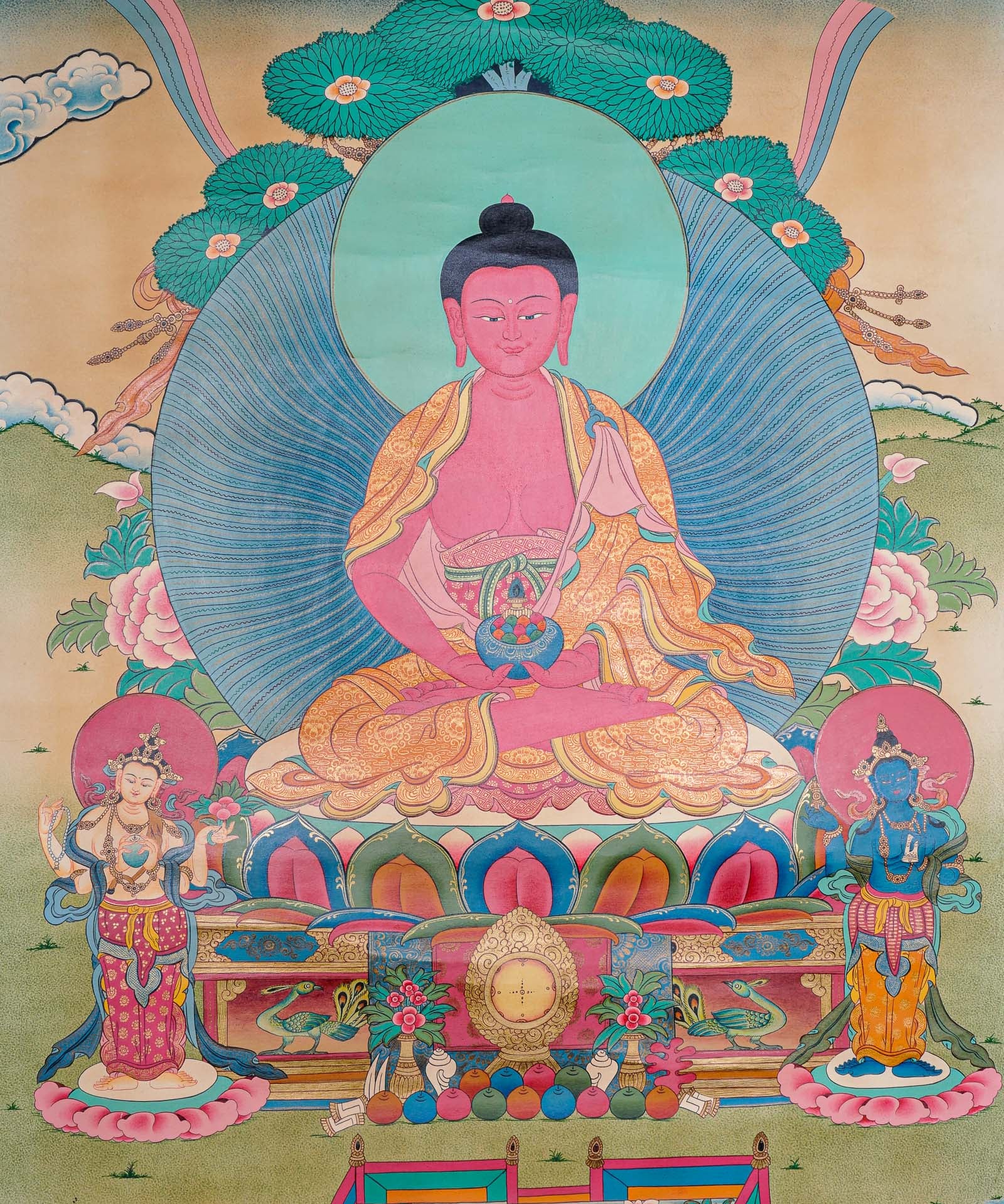 Antique Amitabha Buddha Thangka - Tibetan Painting 