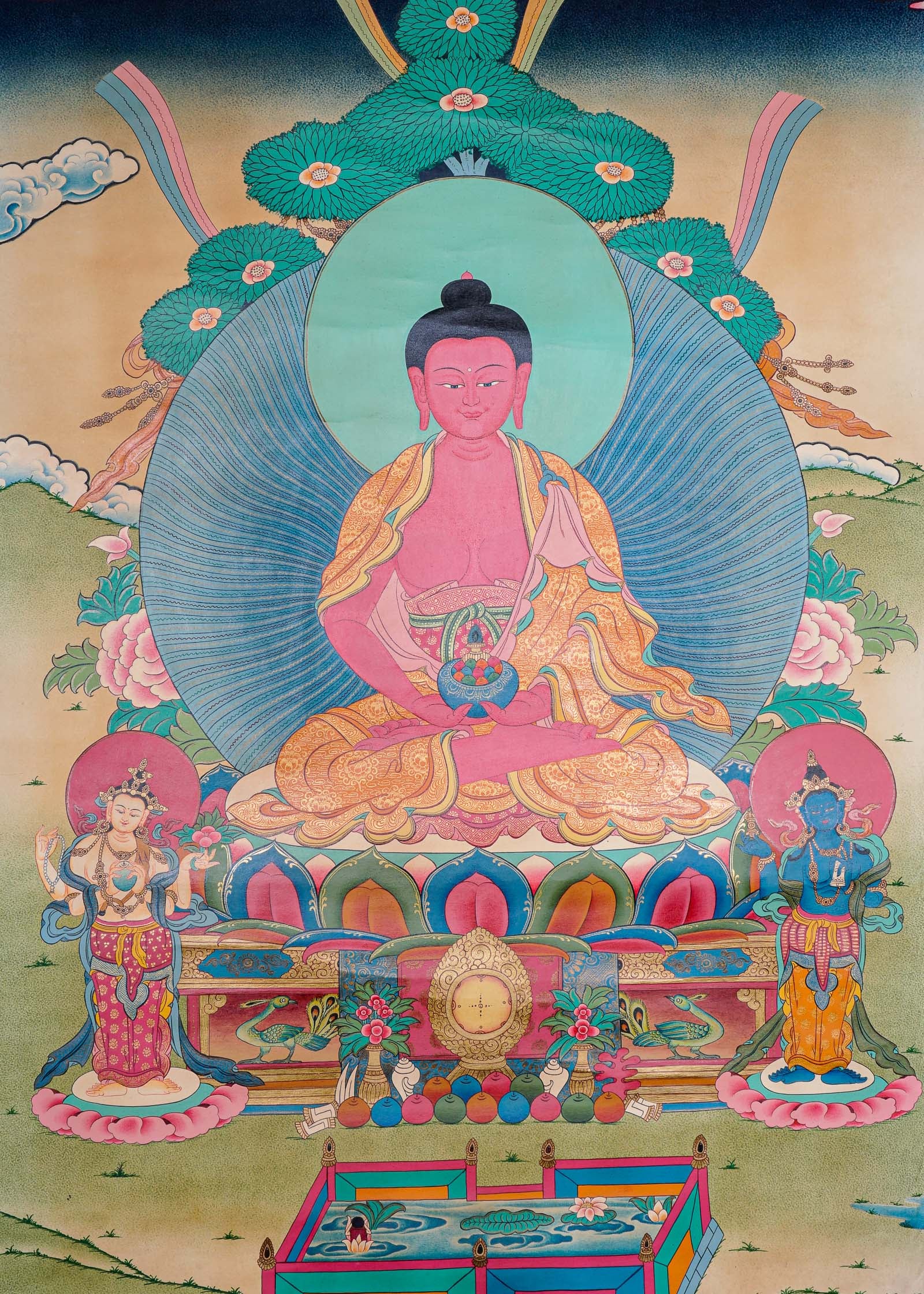 Antique Amitabha Buddha Thangka - Tibetan Painting 