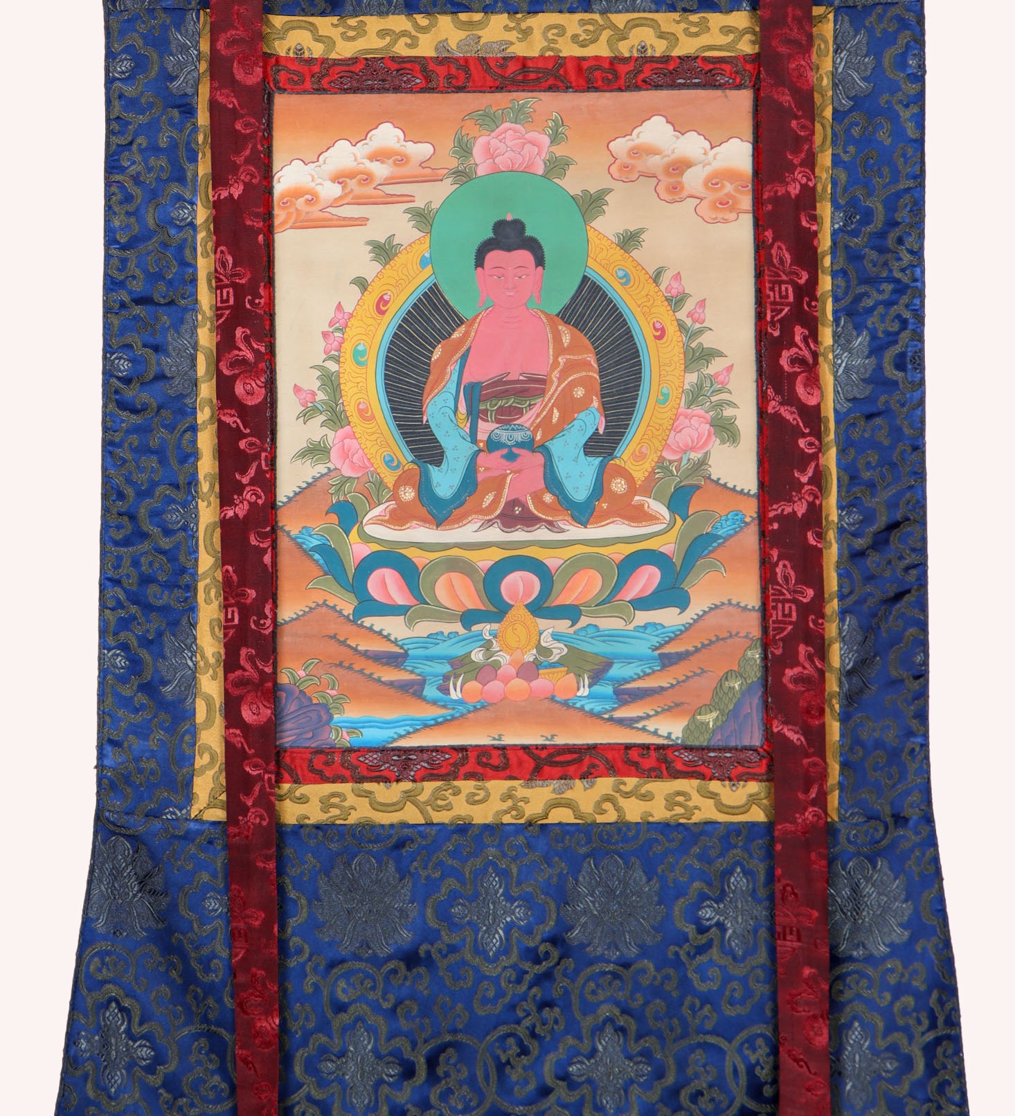 Amitabha Brocade Thangka Painting for rituals and ceremonies.