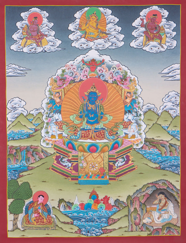 Vajradhara Thangka for spirituality and meditation .  Vajradhara, Zambala , Milerapa, Monk
