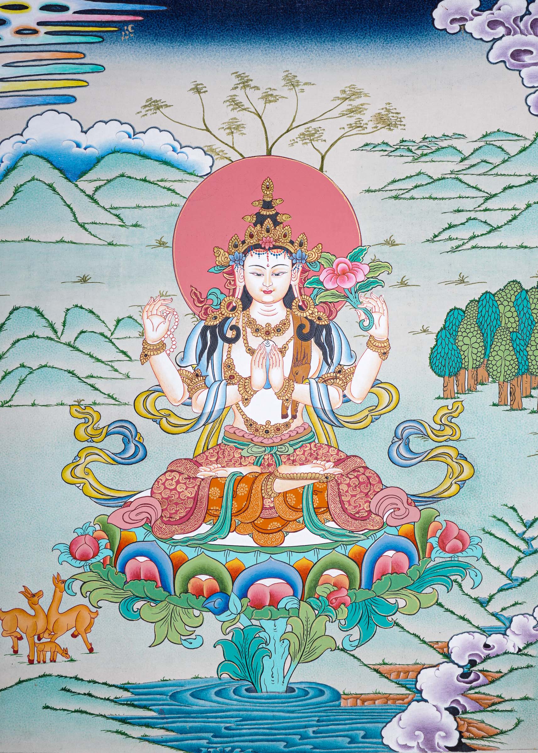 Chengresi Thangka painting on canvas - Himalayas Shop