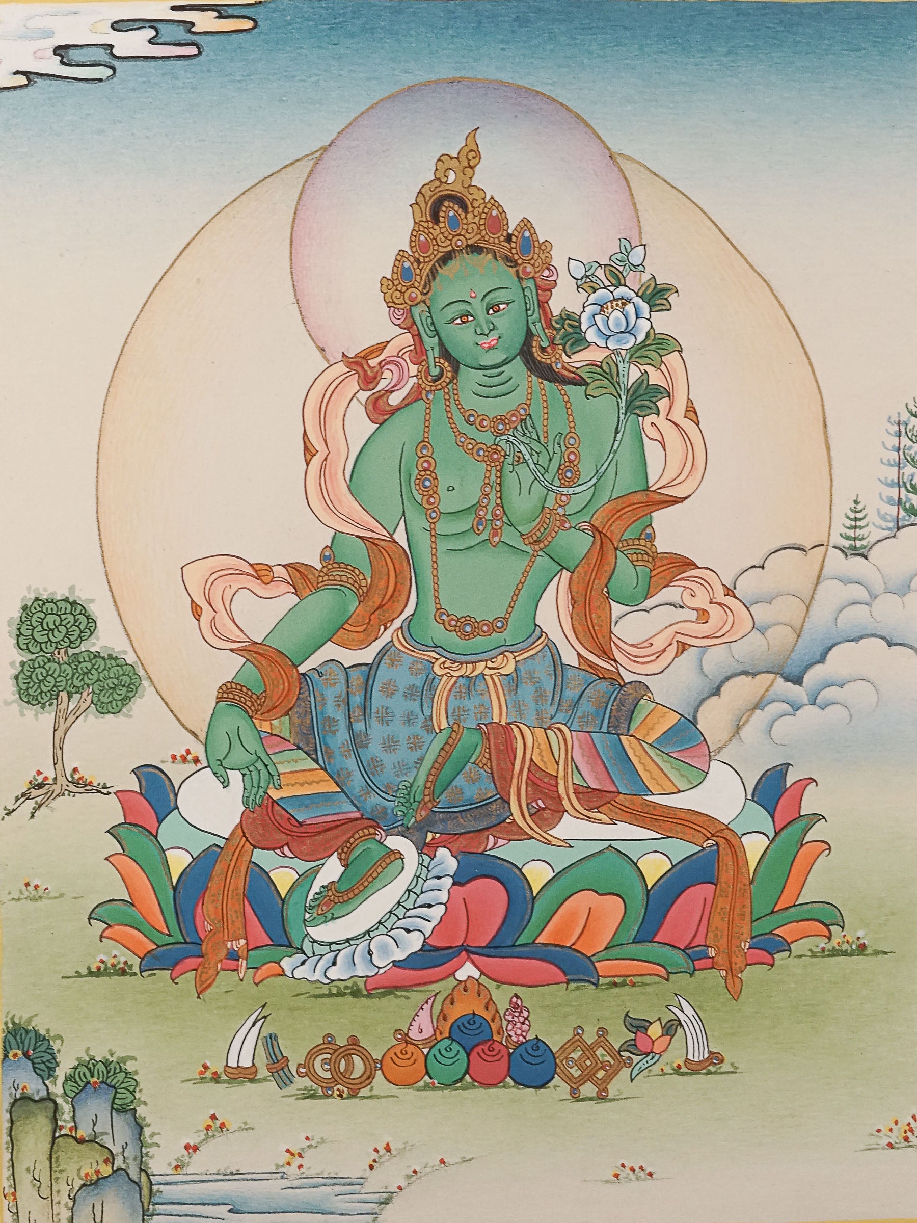 Green Tara Thangka Painting for wall hanging decor.