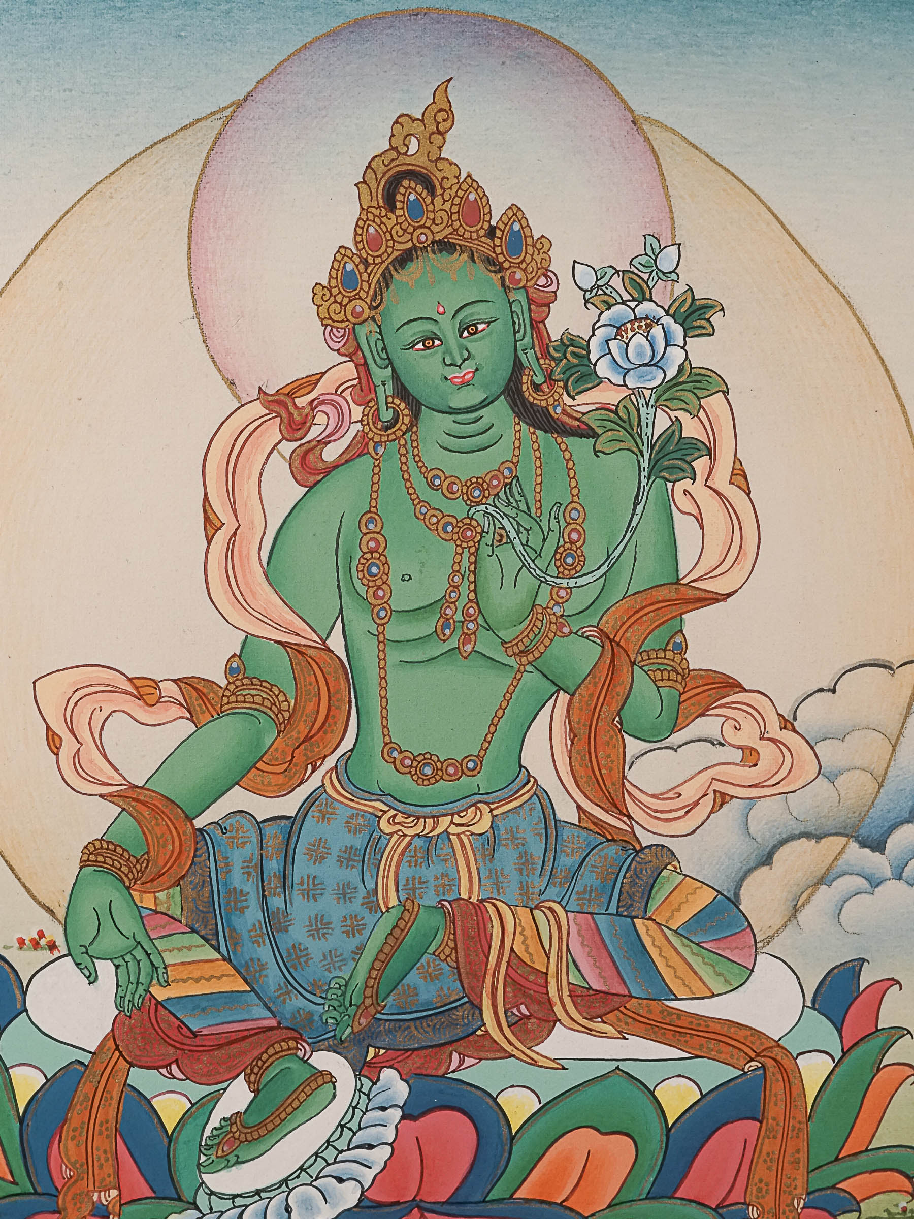 Green Tara Thangka Painting for wall hanging decor.