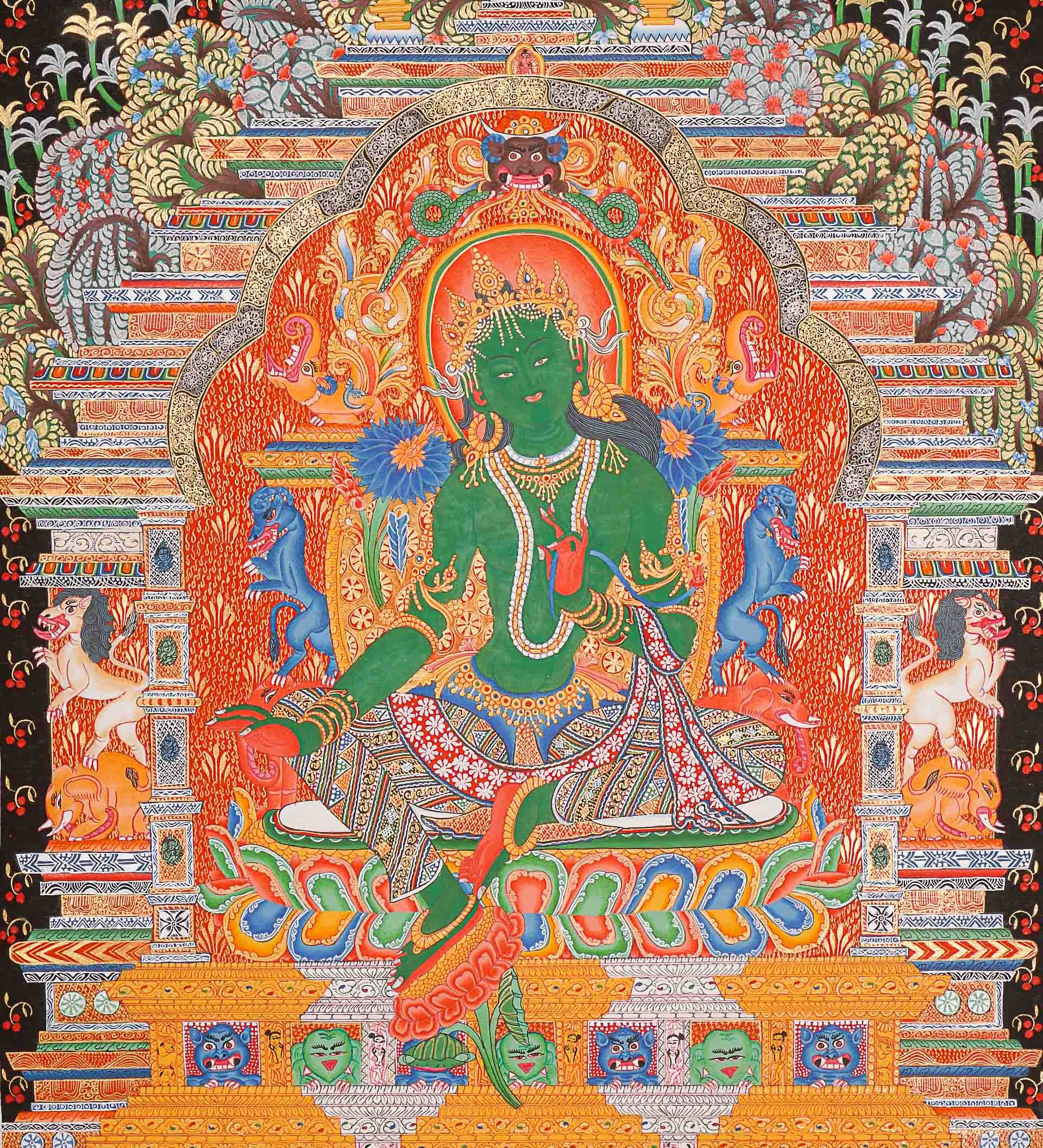 Green Tara (Temple) Thangka Painting - Cotton Canvas Painting