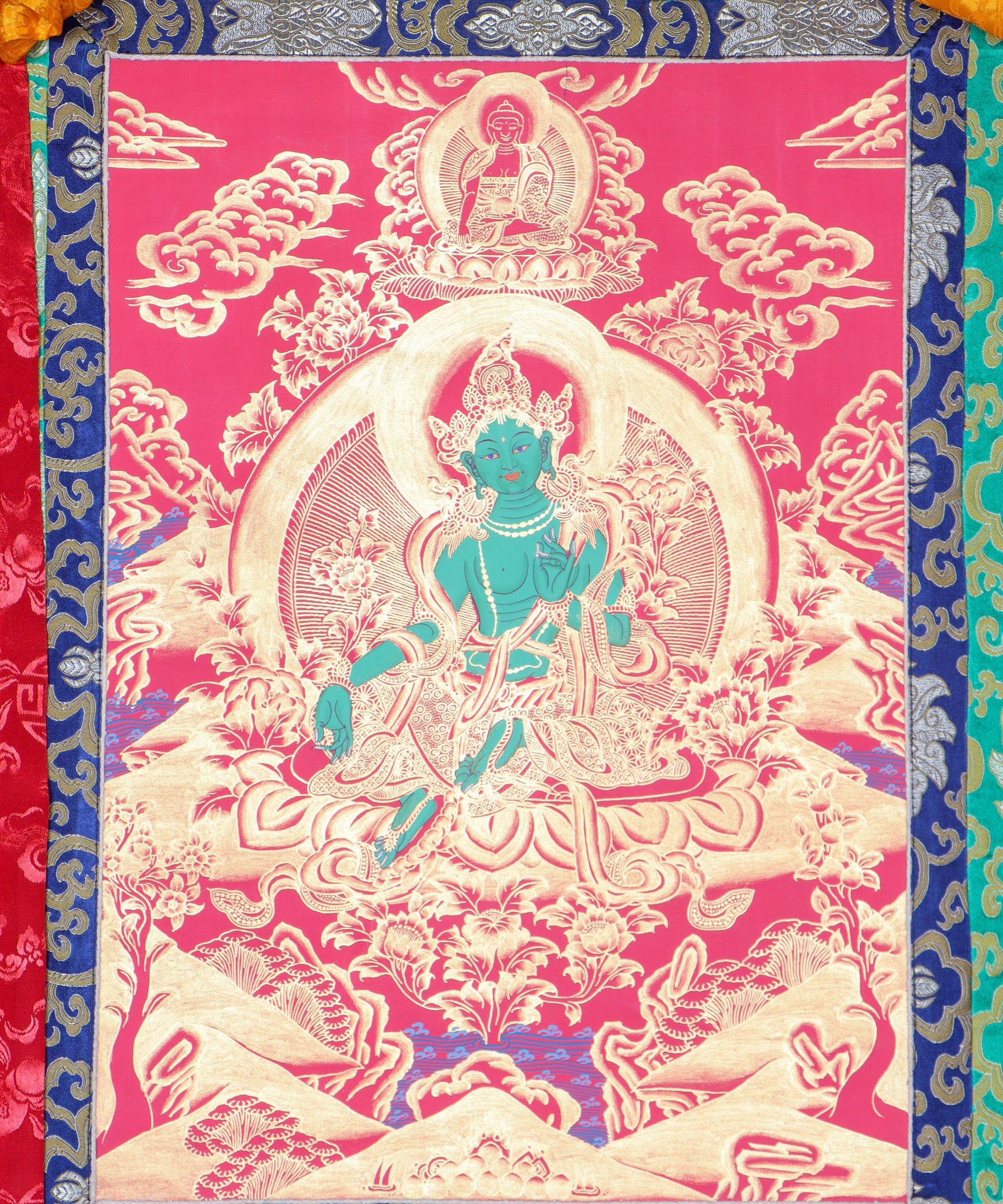 Green Tara Brocade Thangka Painting for meditation.