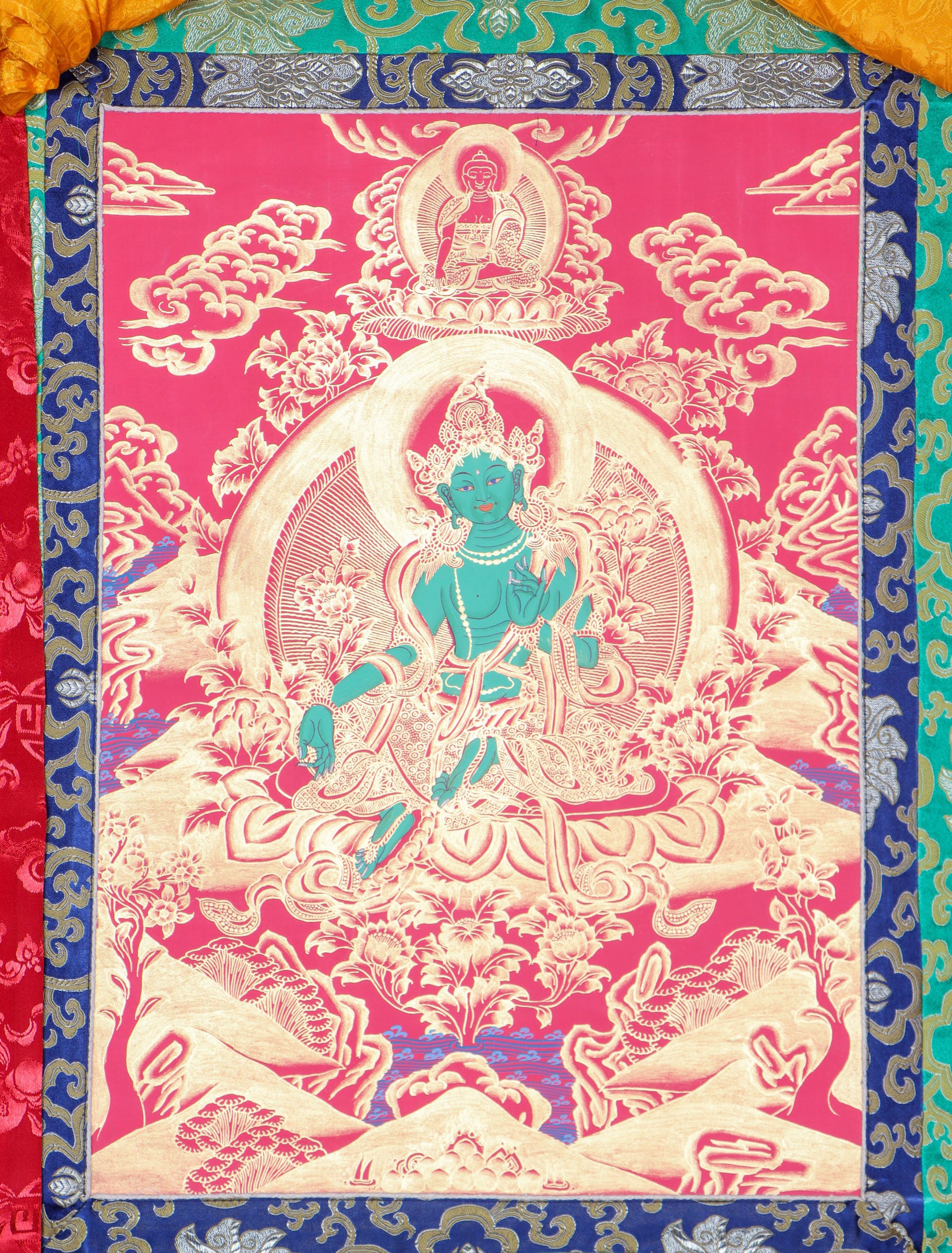 Green Tara Brocade Thangka Painting for meditation.