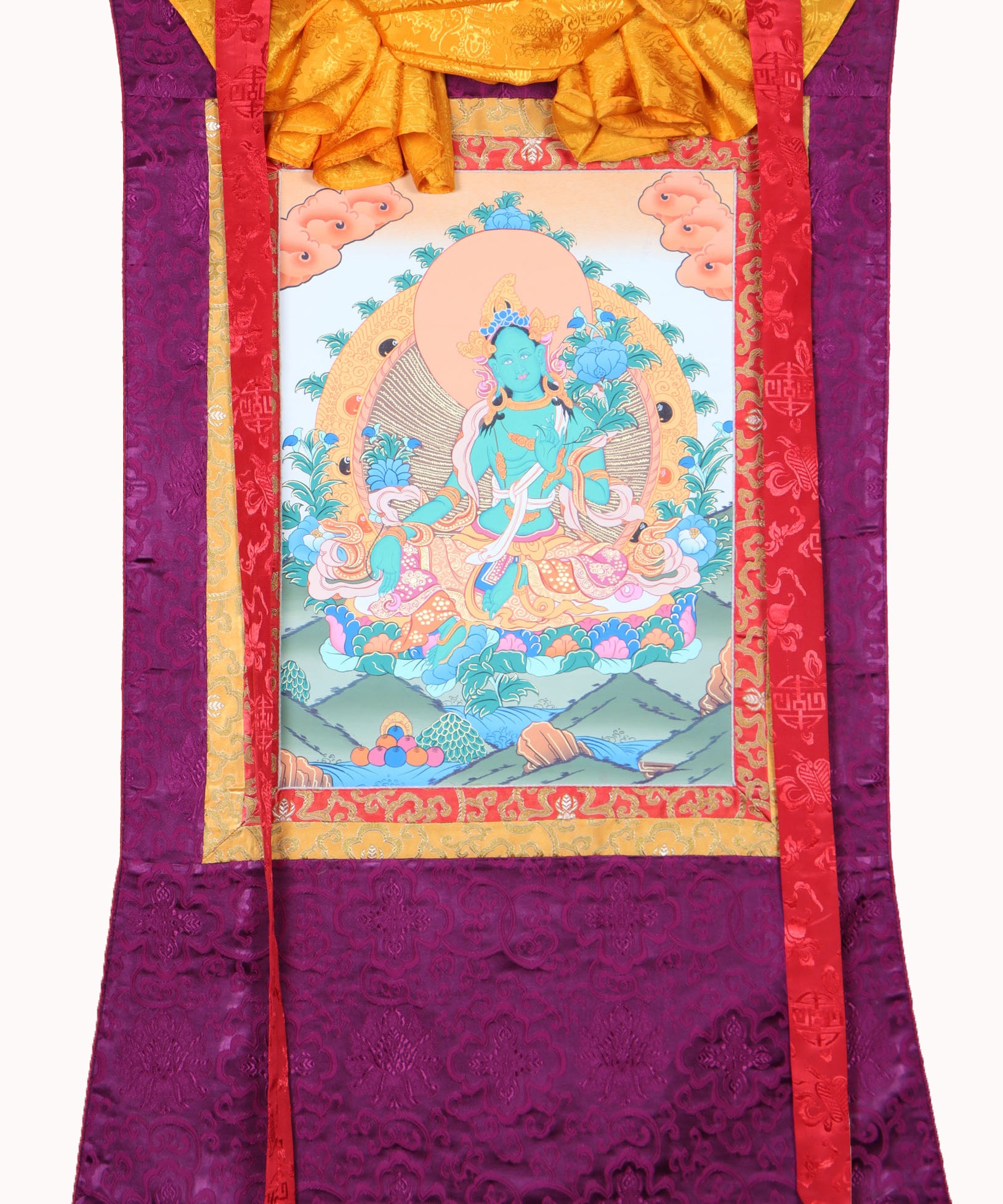 Green Tara Brocade Thangka Painting for religious ceremonies.