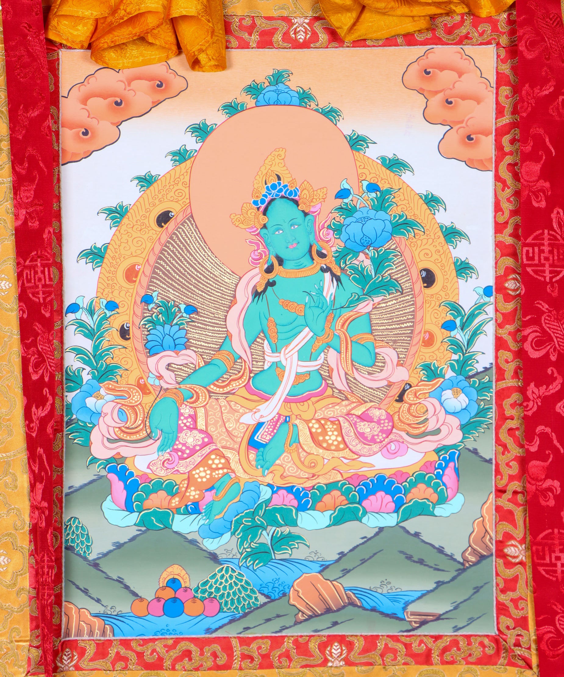 Green Tara Brocade Thangka Painting for religious ceremonies.