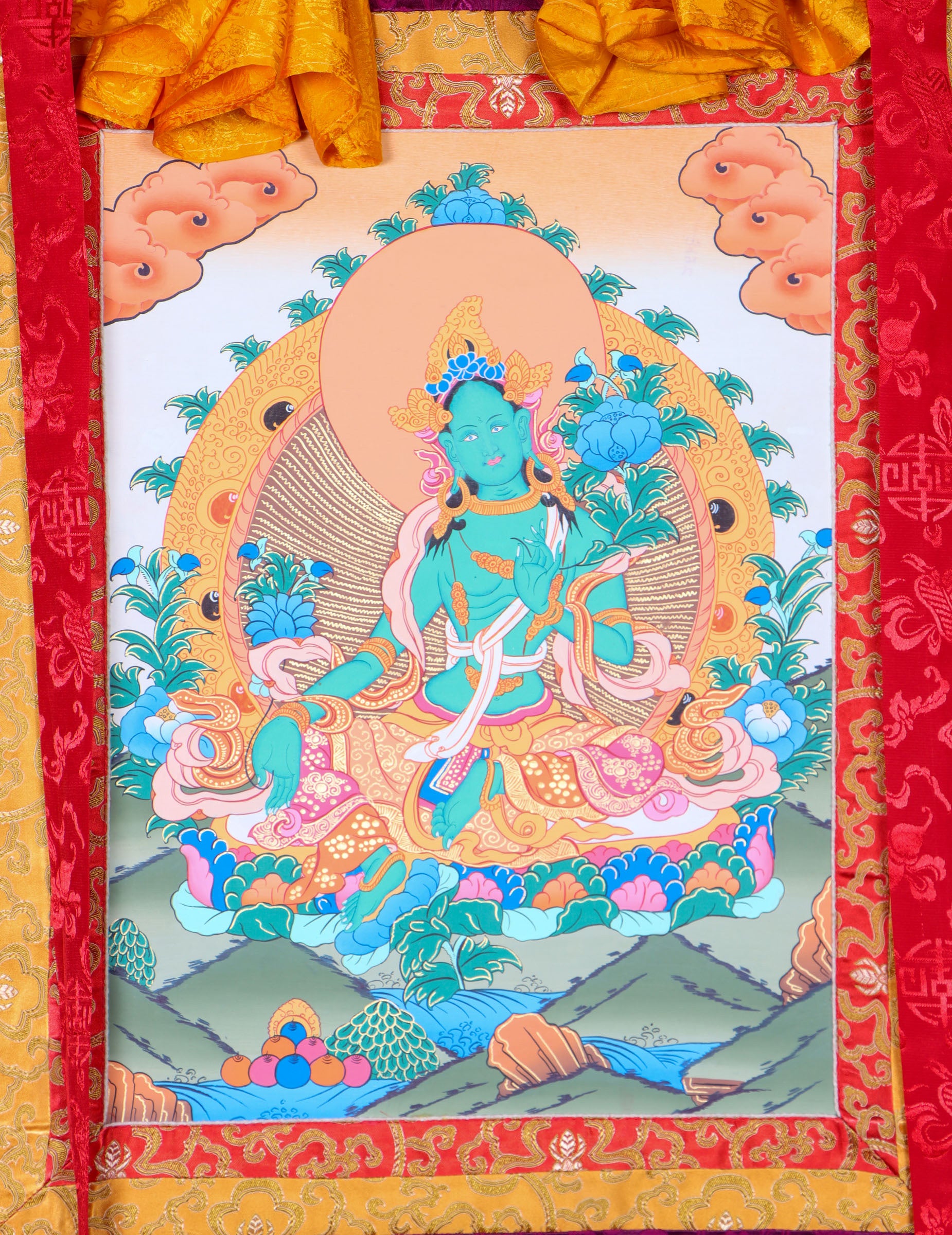 Green Tara Brocade Thangka Painting for religious ceremonies.