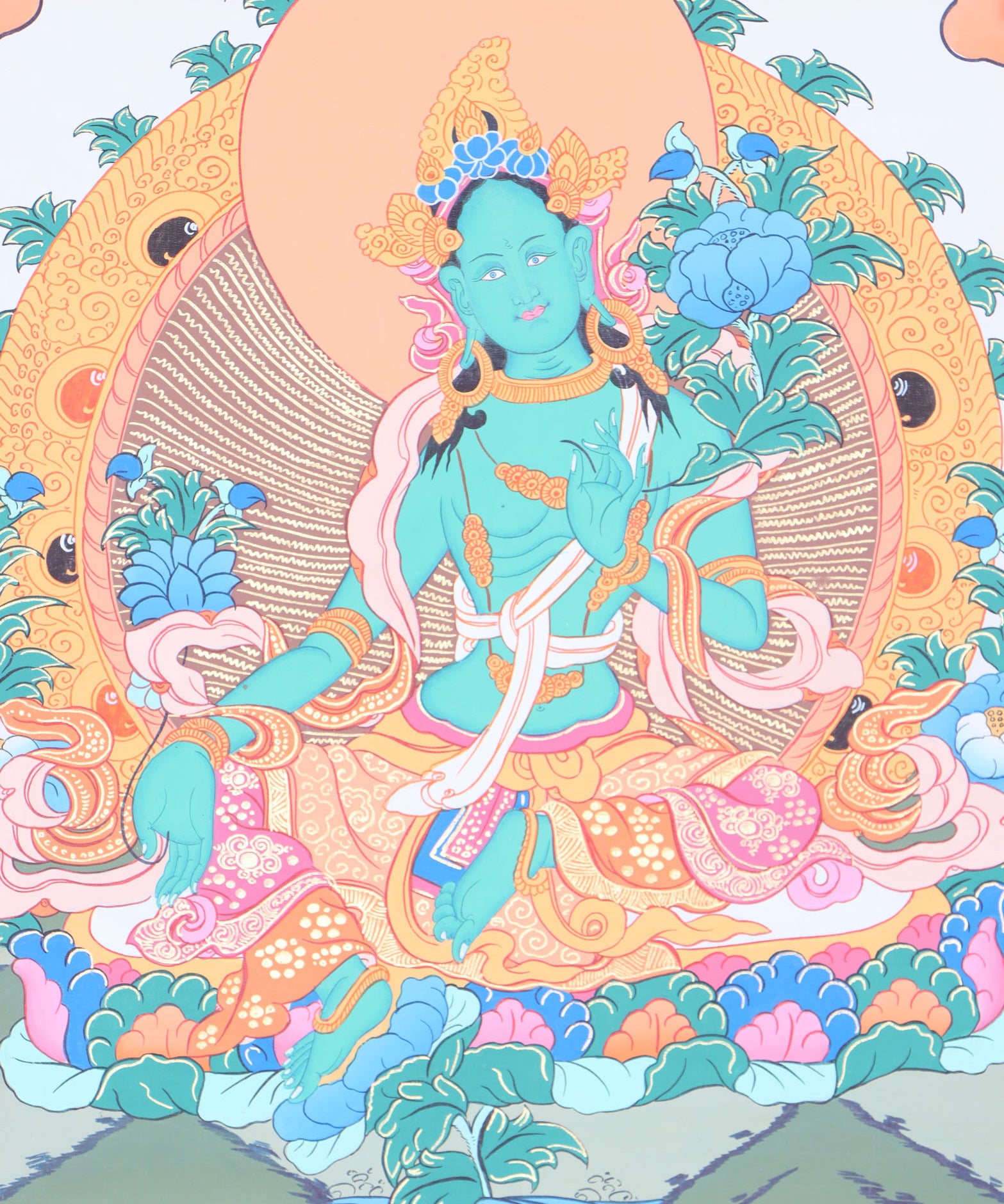 Green Tara Brocade Thangka Painting for religious ceremonies.