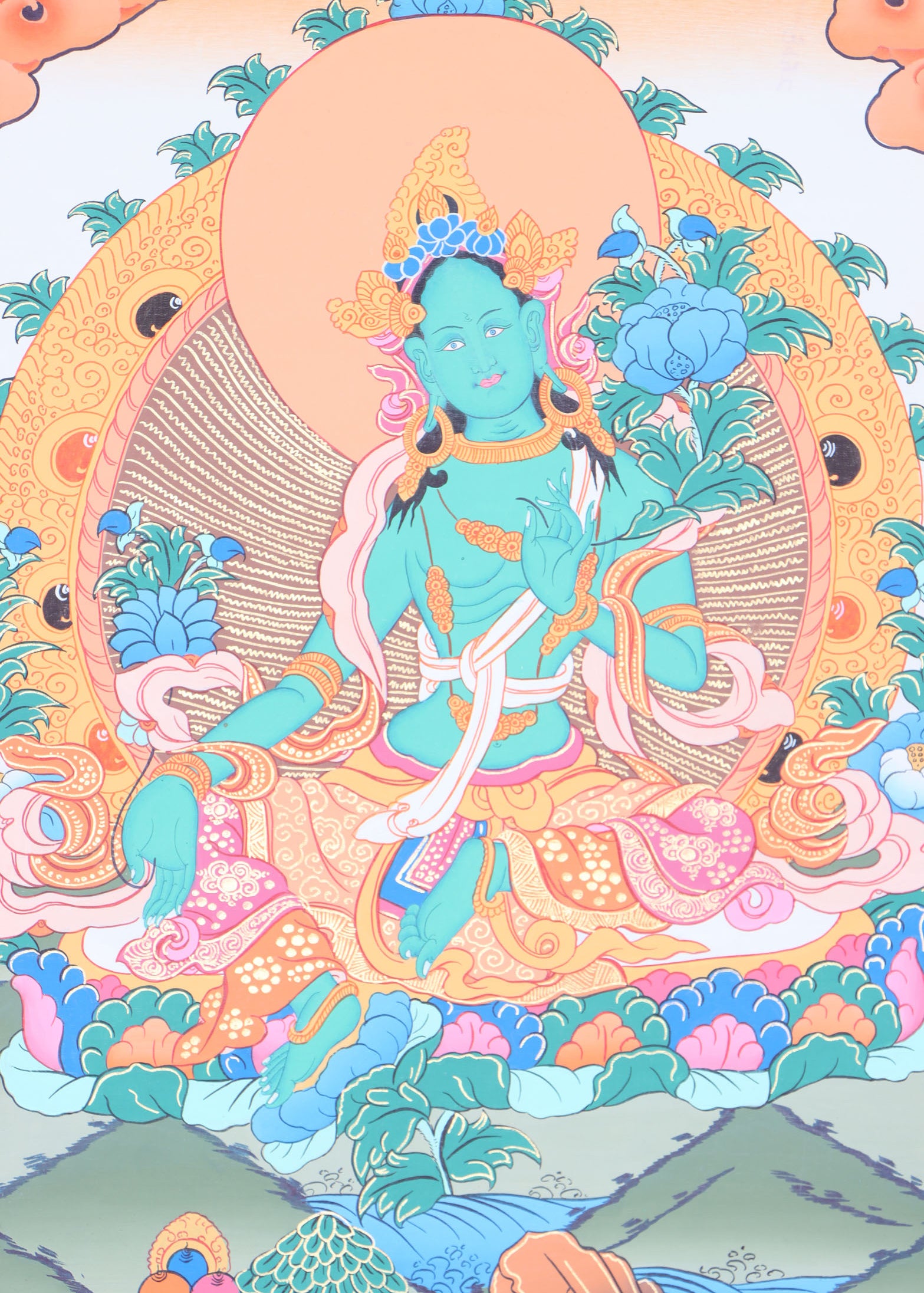 Green Tara Brocade Thangka Painting for religious ceremonies.