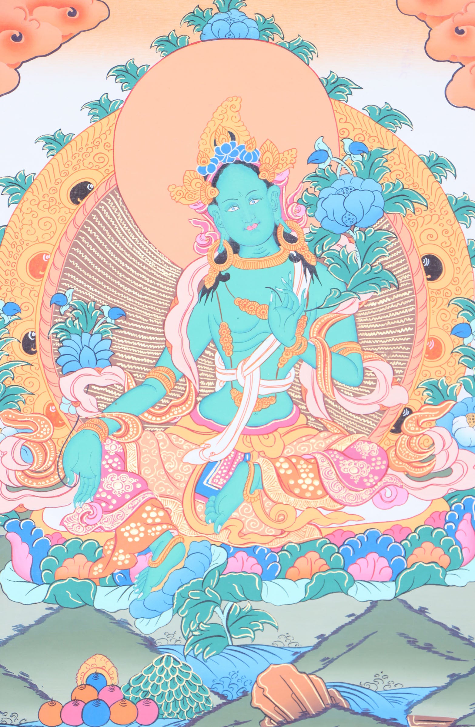 Green Tara Brocade Thangka Painting for religious ceremonies.