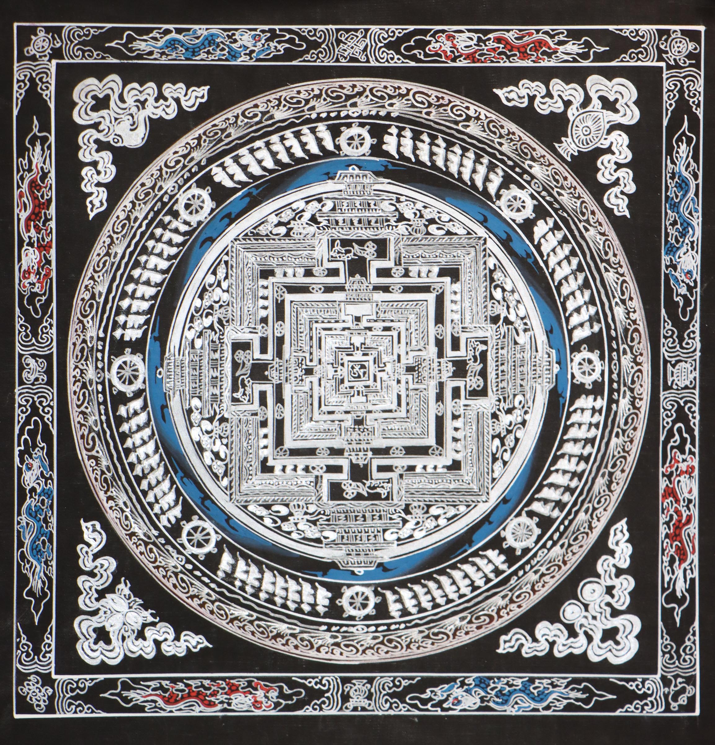 Silver Kalachakra mandala Thangka for meditation altar.