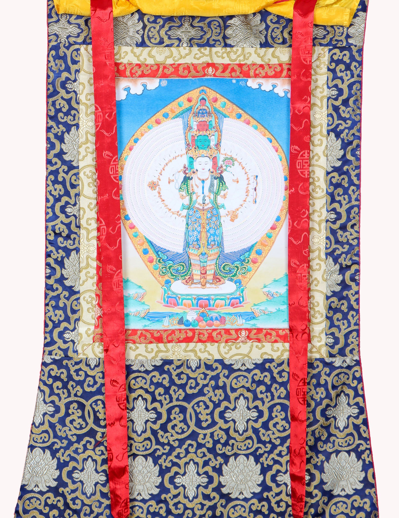 Avalokiteshvara Brocade Thangka Painting for wall decor.