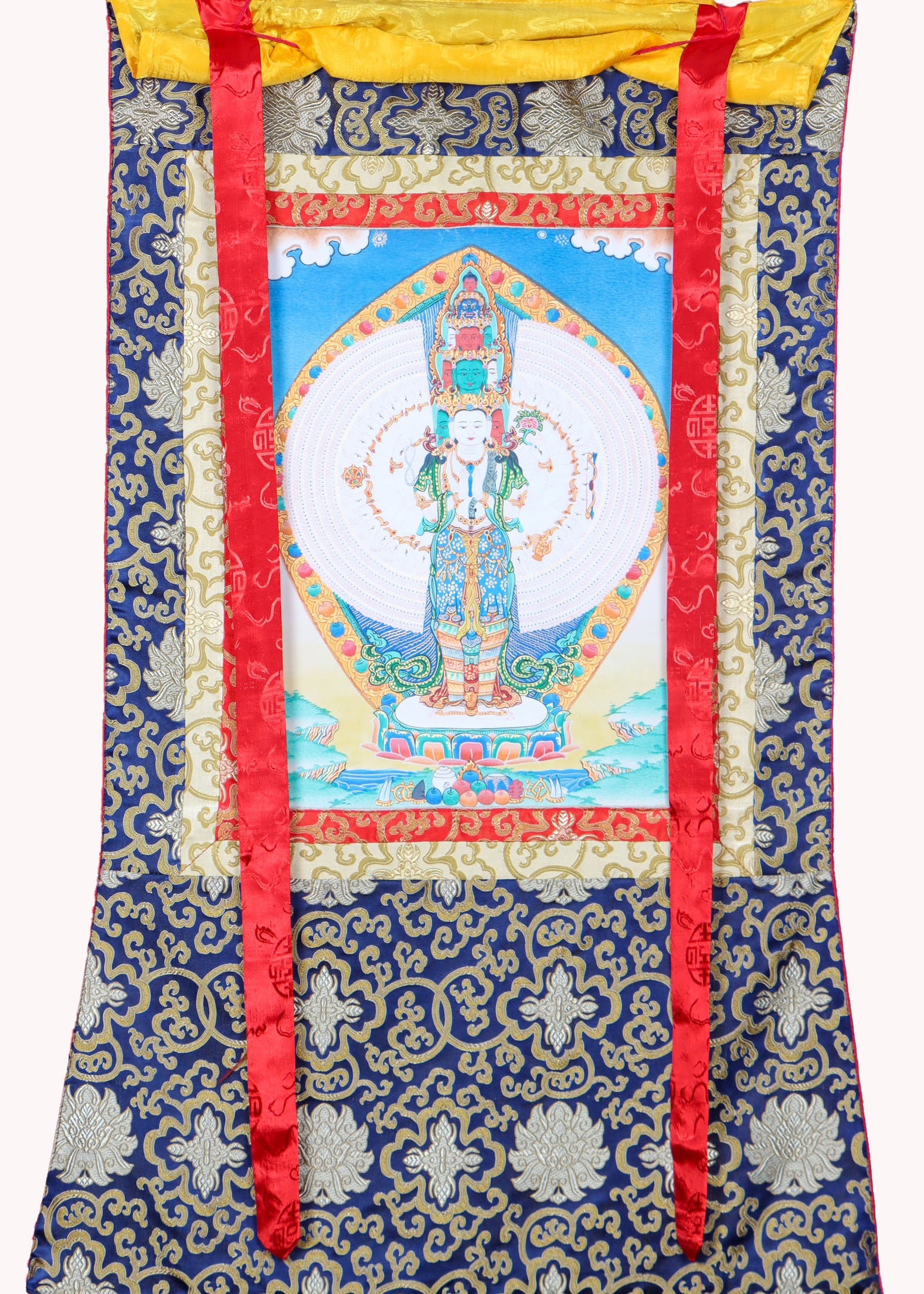 Avalokiteshvara Brocade Thangka Painting for wall decor.