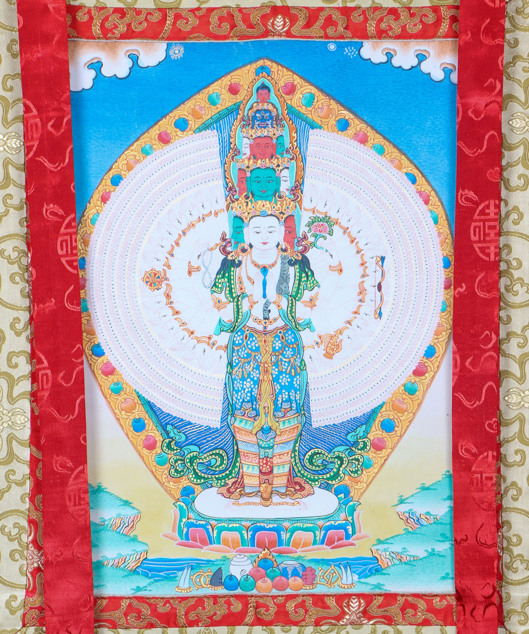 Avalokiteshvara Brocade Thangka Painting for wall decor.