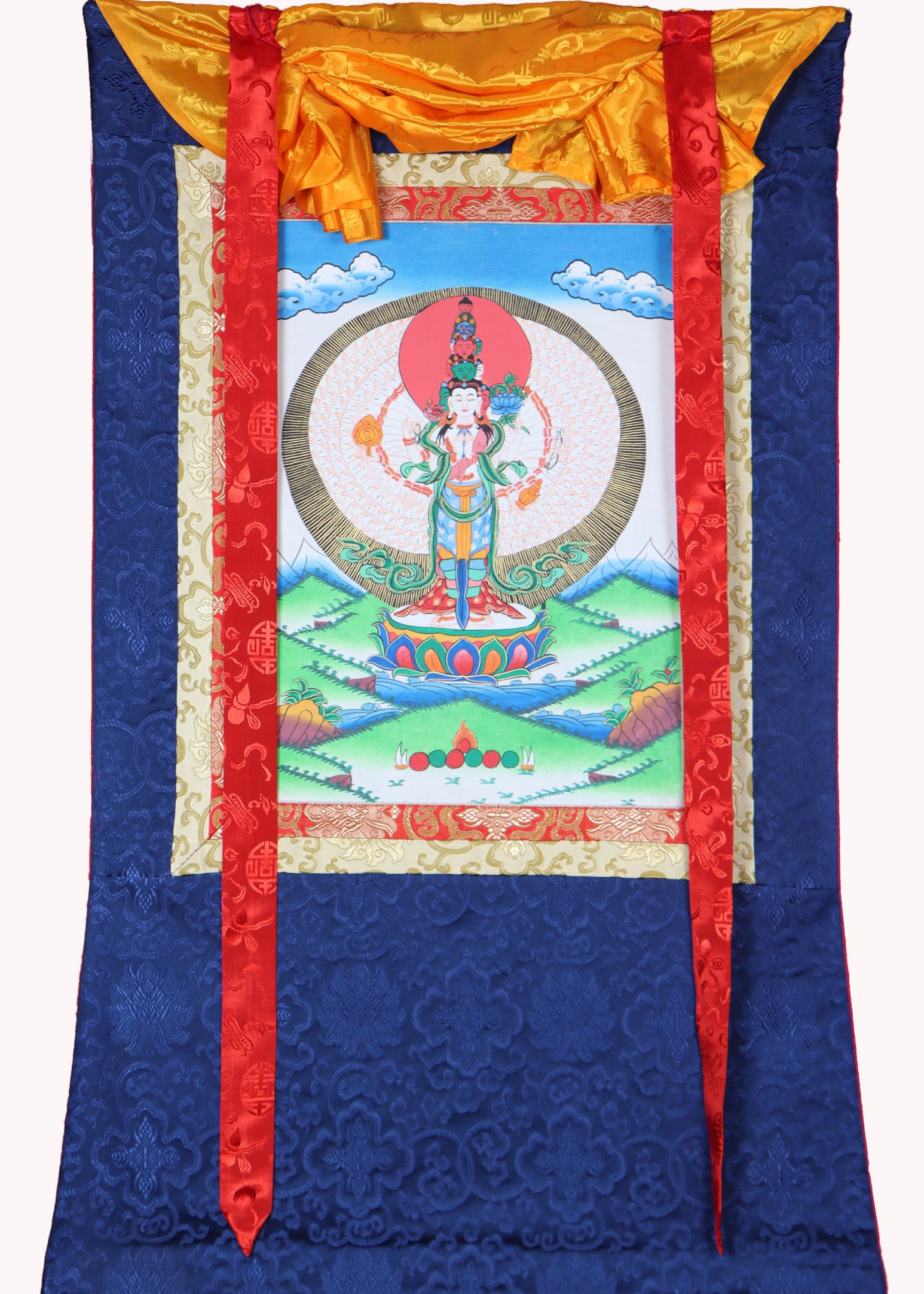 Avalokiteshvara Brocade Thangka - Tibetan Painting 