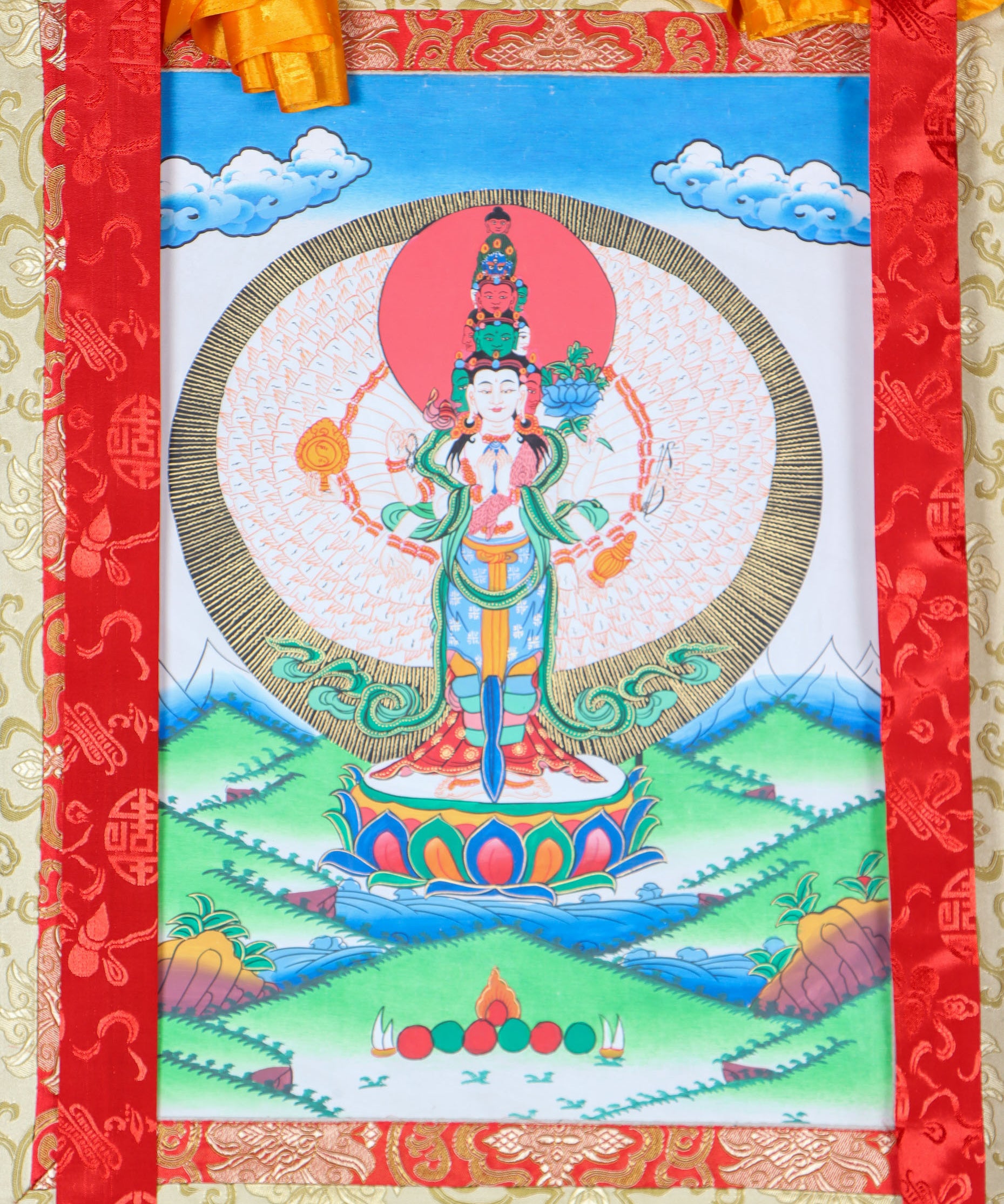 Avalokiteshvara Brocade Thangka - Tibetan Painting 