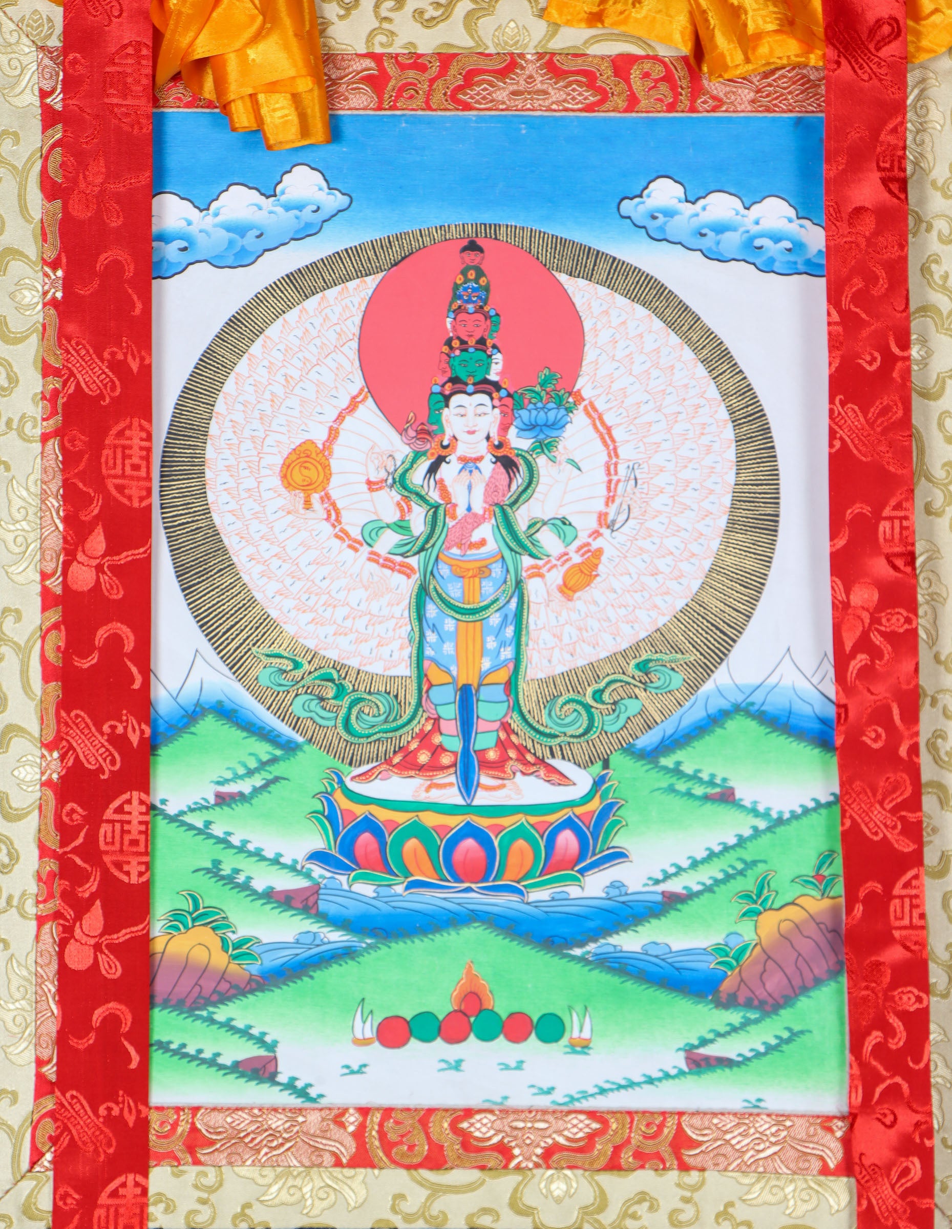 Avalokiteshvara Brocade Thangka - Tibetan Painting 