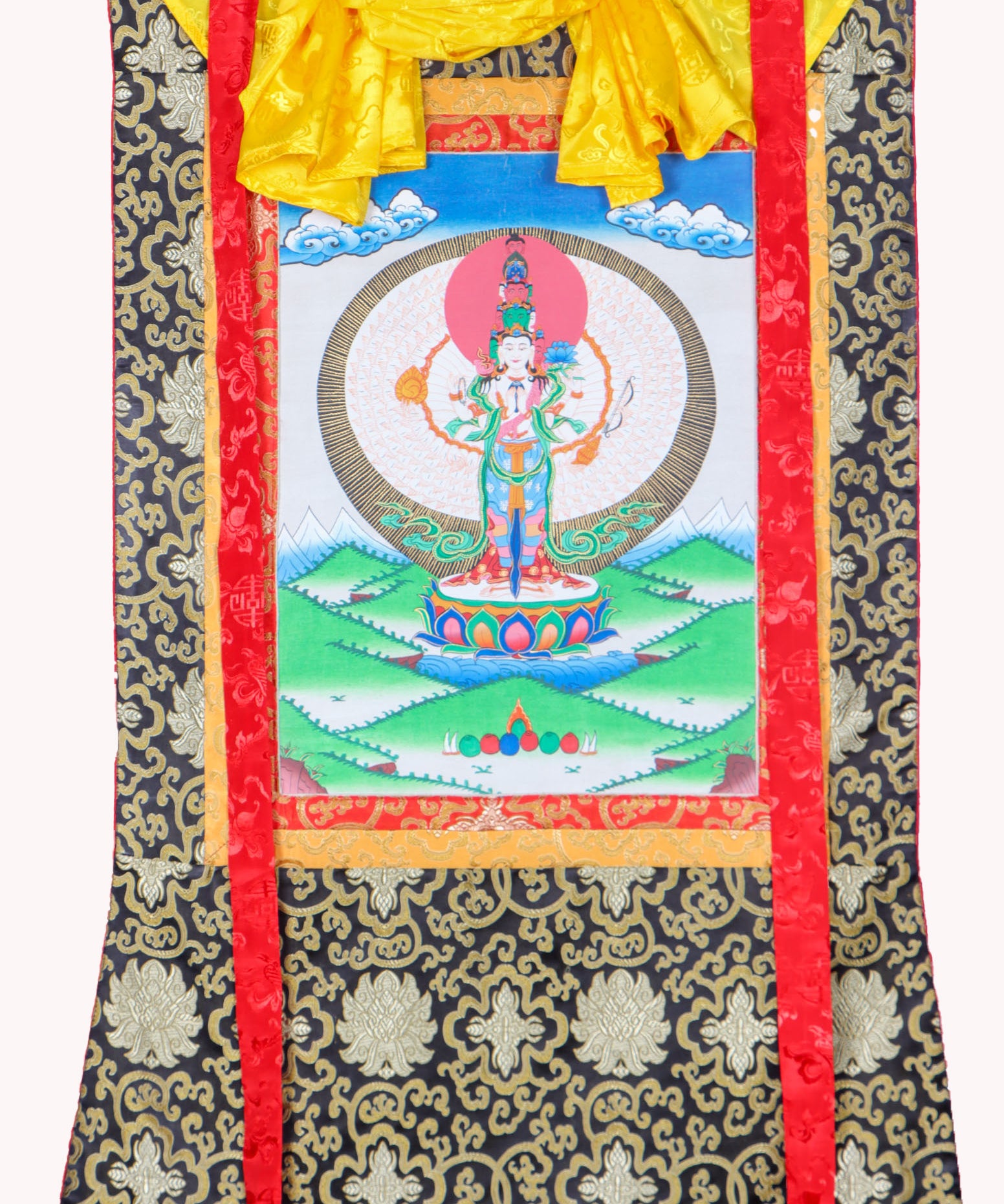 Avalokiteshvara Brocade Thangka Painting for prayer and devotion.