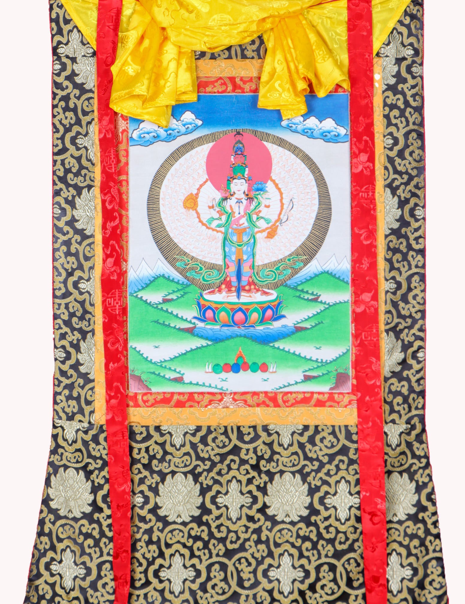 Avalokiteshvara Brocade Thangka Painting for prayer and devotion.