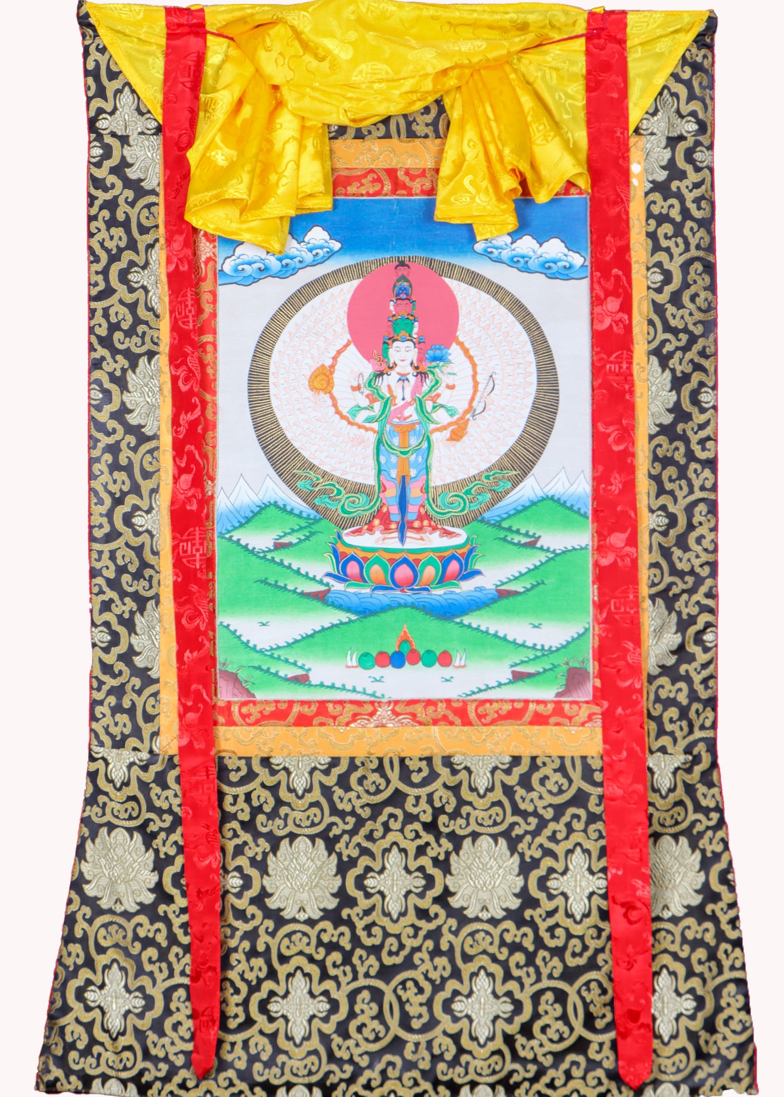 Avalokiteshvara Brocade Thangka Painting for prayer and devotion.