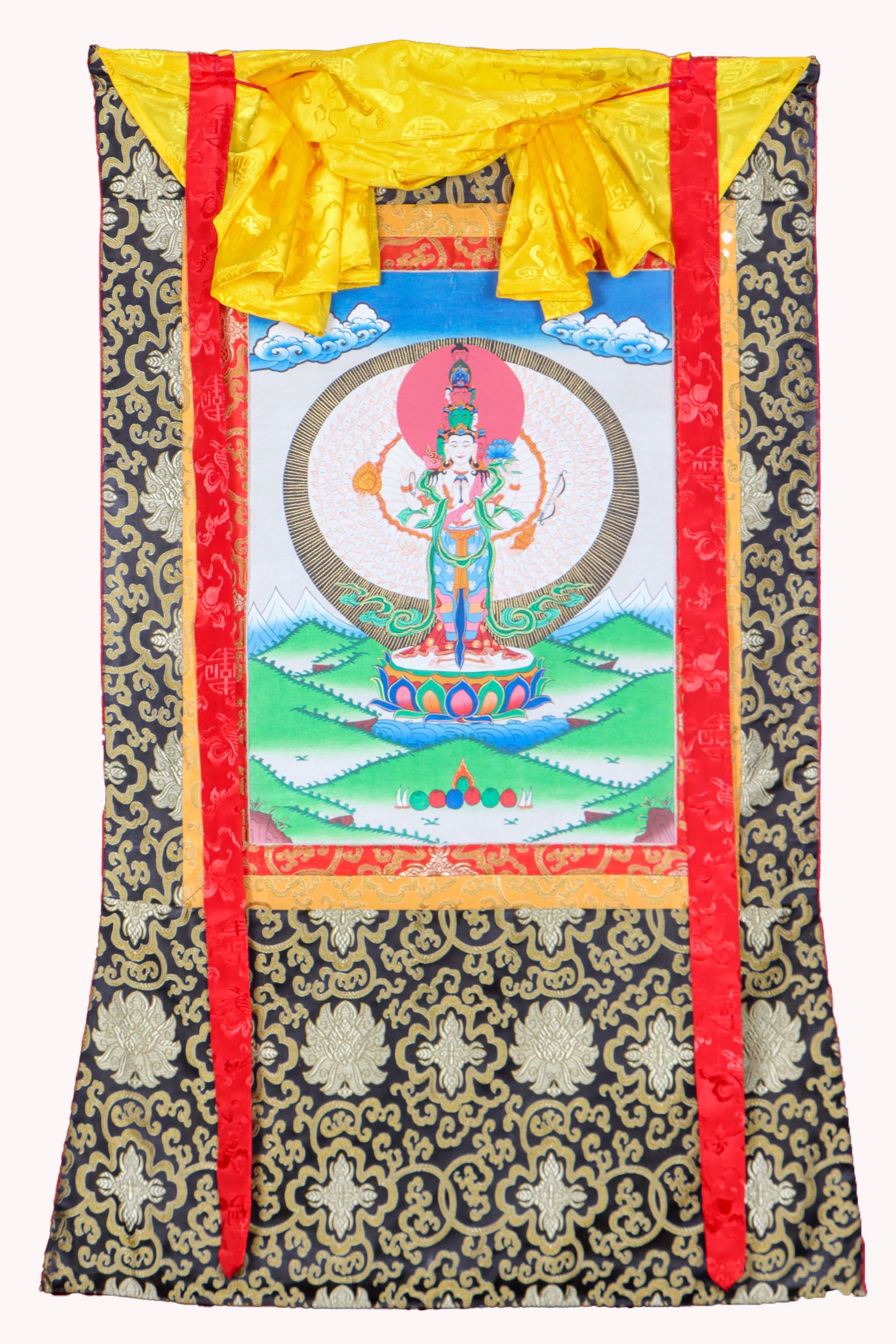 Avalokiteshvara Brocade Thangka Painting for prayer and devotion.
