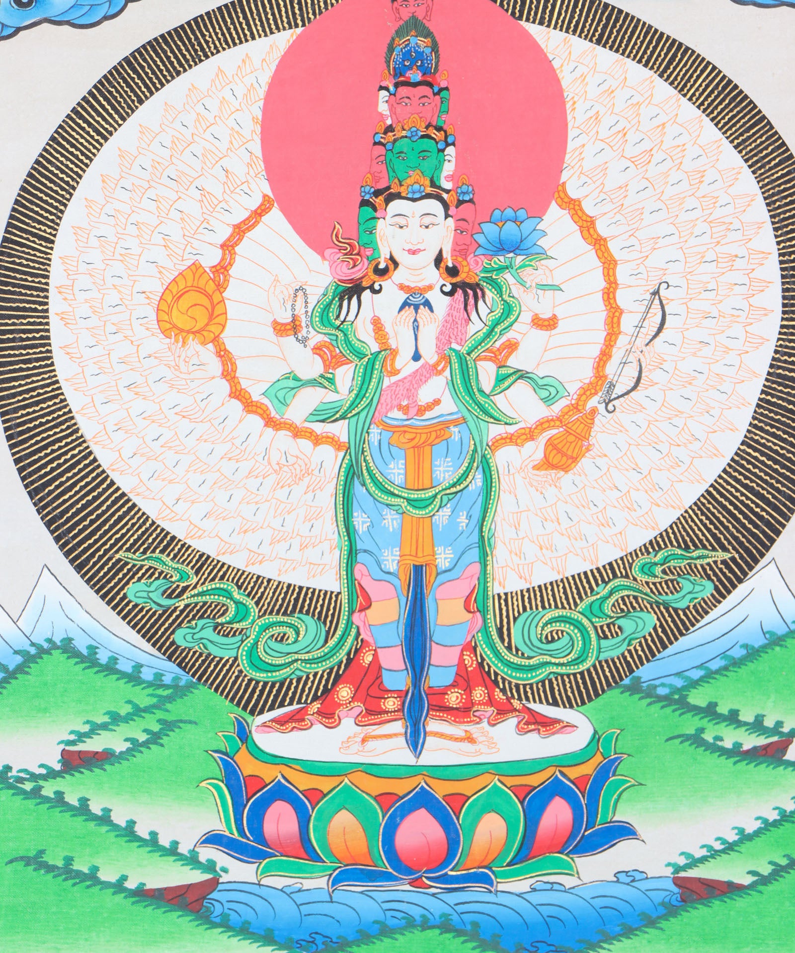 Avalokiteshvara Brocade Thangka Painting for prayer and devotion.