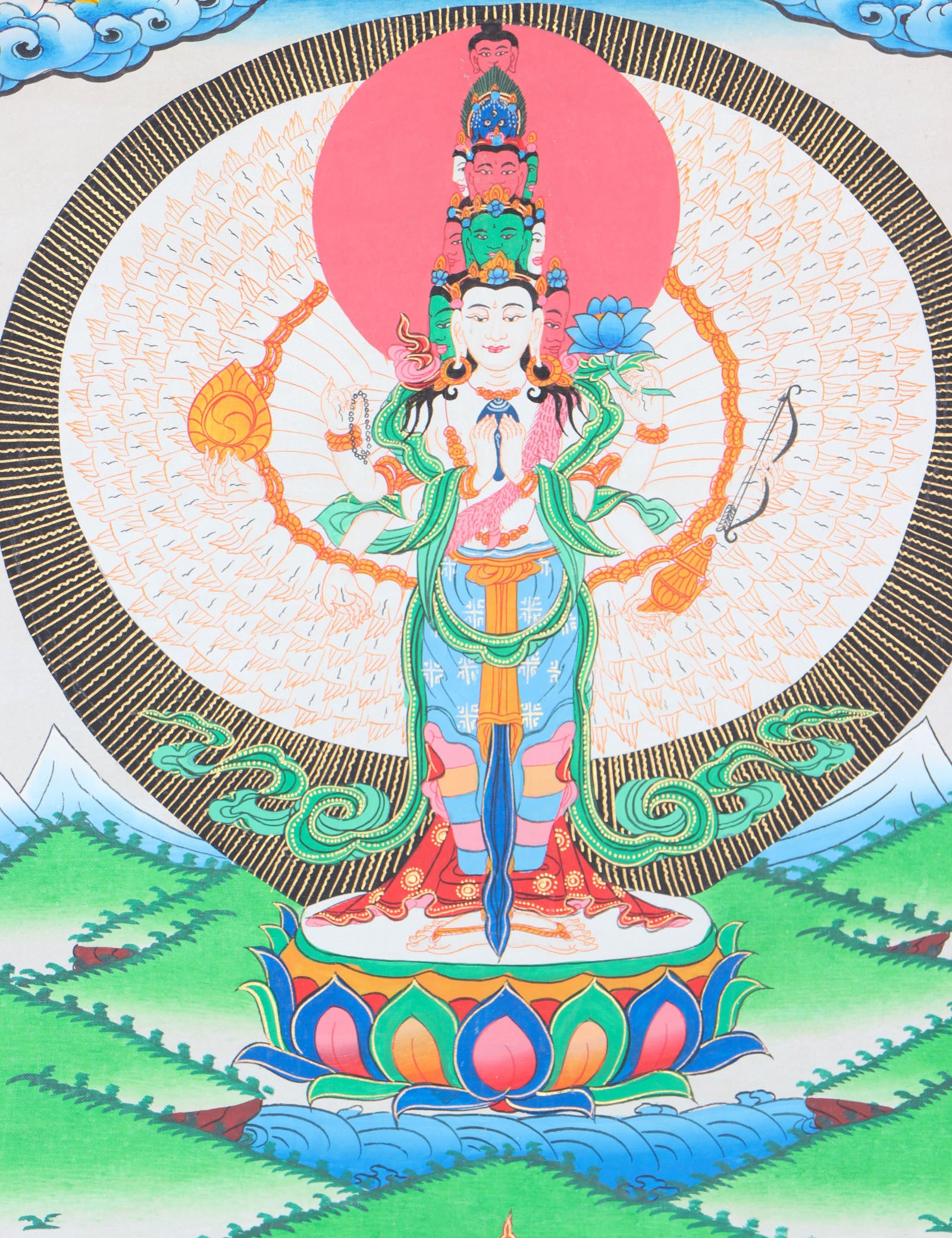 Avalokiteshvara Brocade Thangka Painting for prayer and devotion.