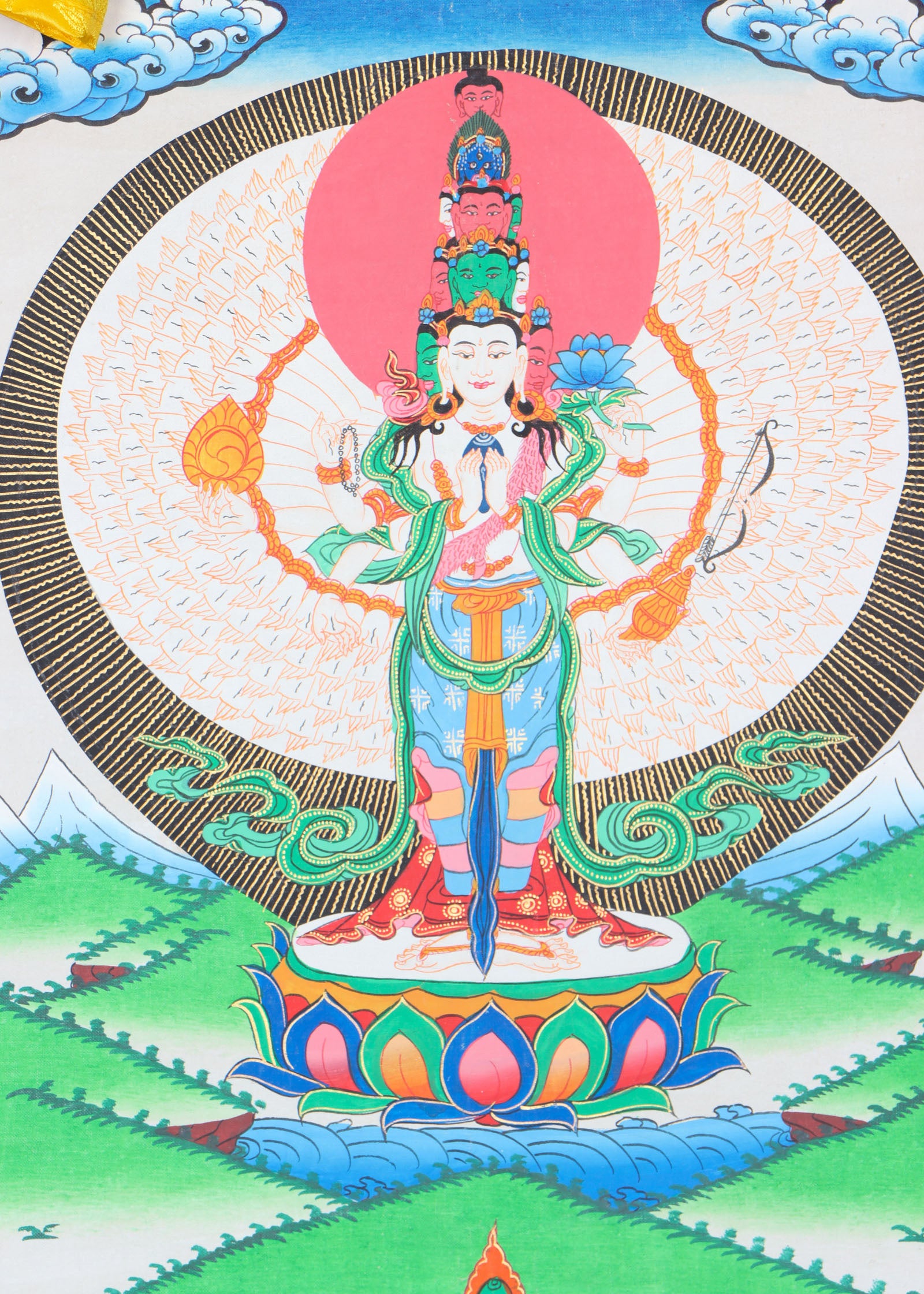Avalokiteshvara Brocade Thangka Painting for prayer and devotion.