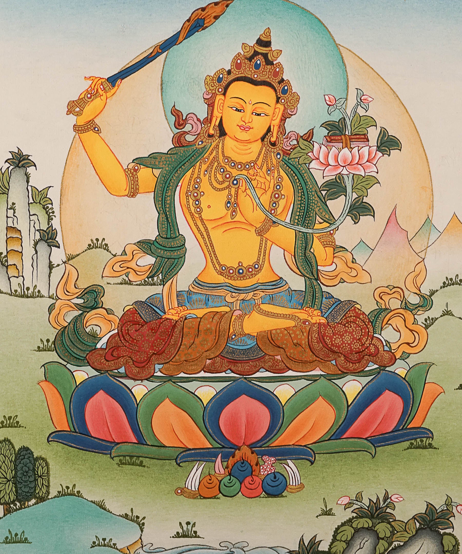 Handpainted Manjushree Thangka Painting - Himalayas Shop