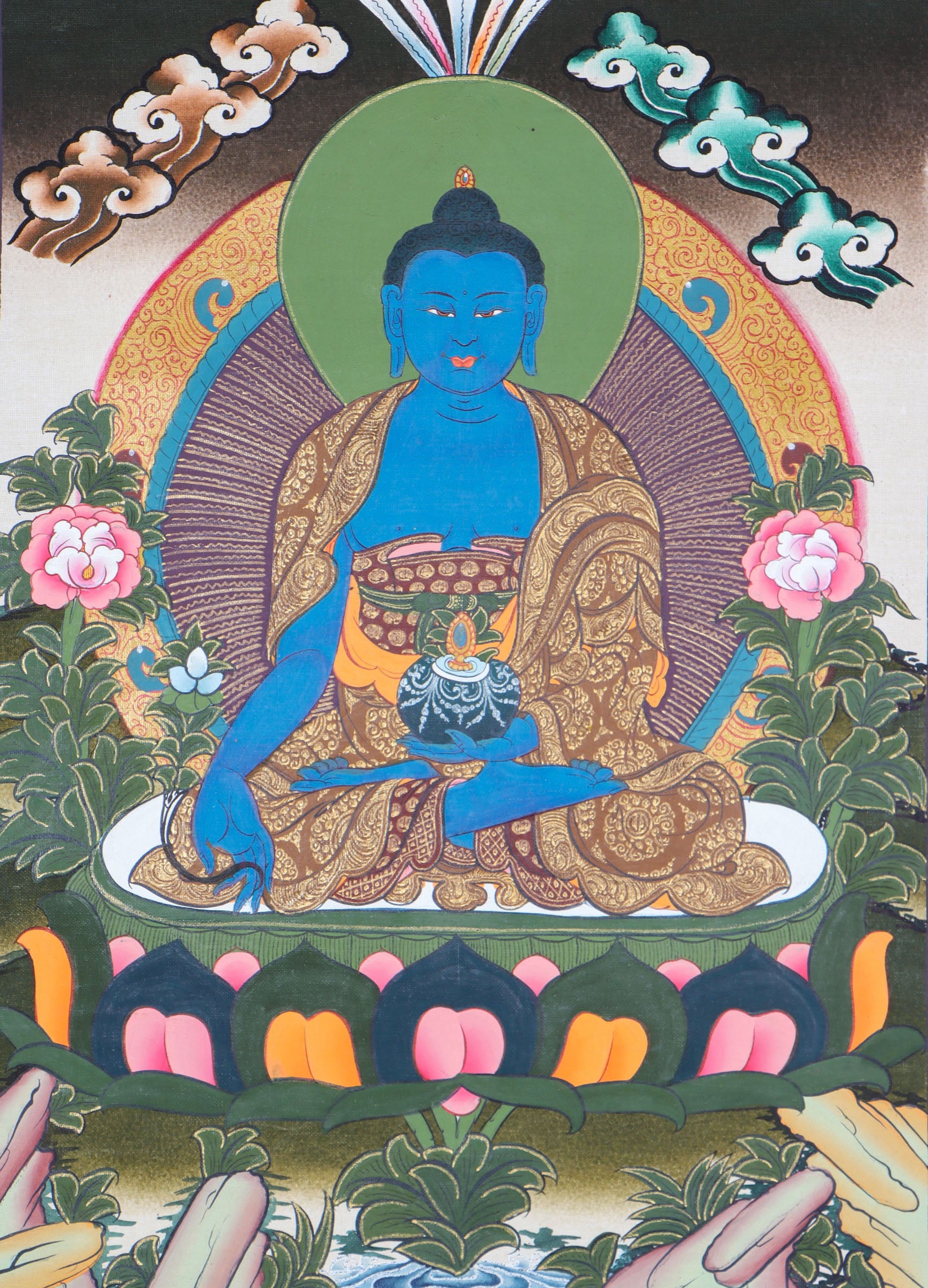 Medicine Buddha Thangka is meticulously hand-painted with vibrant colors. Himalayas Shop