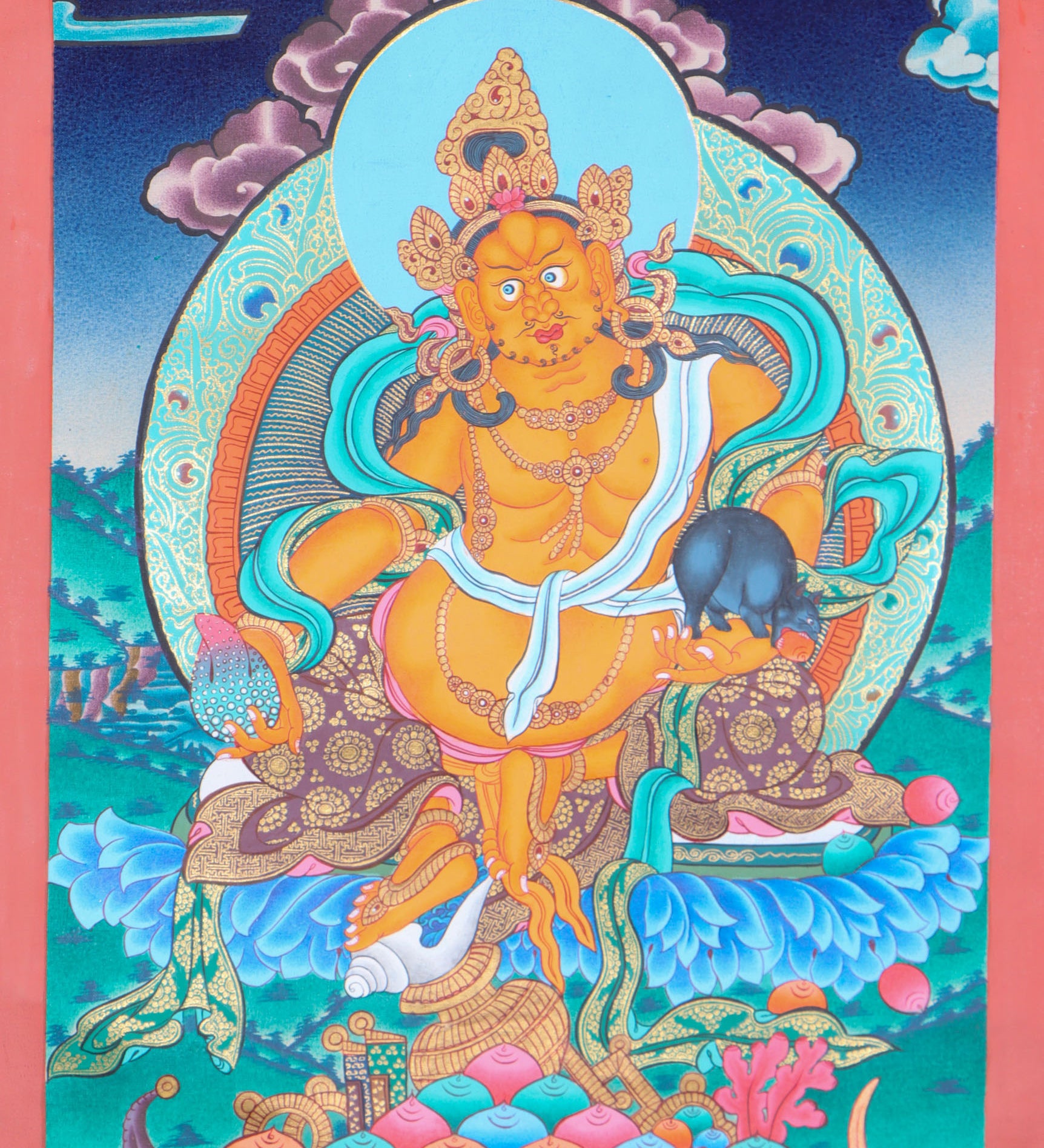Jambhala, a wealth deity, helps remove poverty and brings abundance to Dharma practitioners.