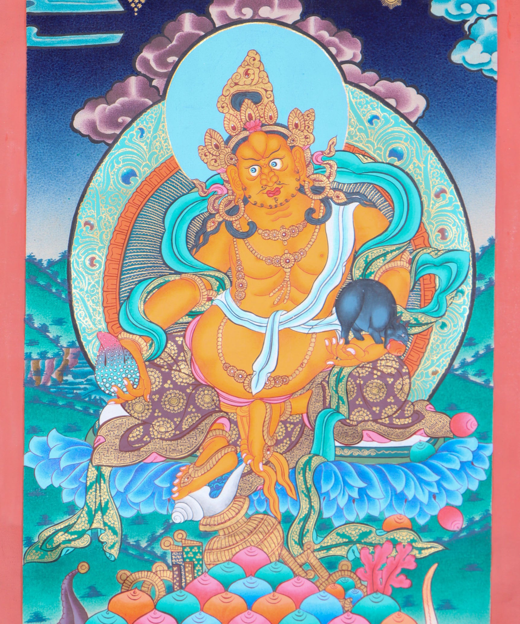 Jambhala, a wealth deity, helps remove poverty and brings abundance to Dharma practitioners.
