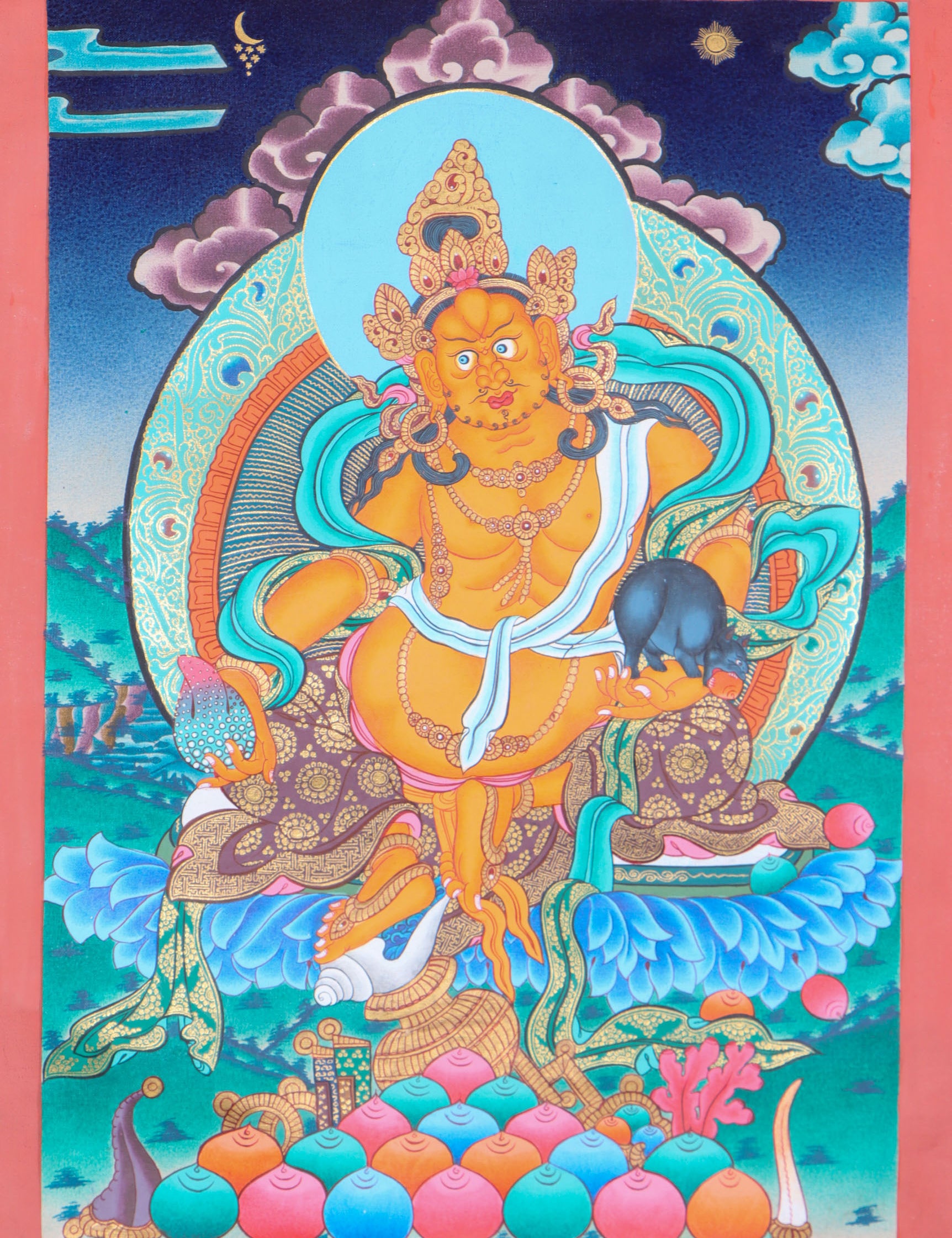 Jambhala, a wealth deity, helps remove poverty and brings abundance to Dharma practitioners.