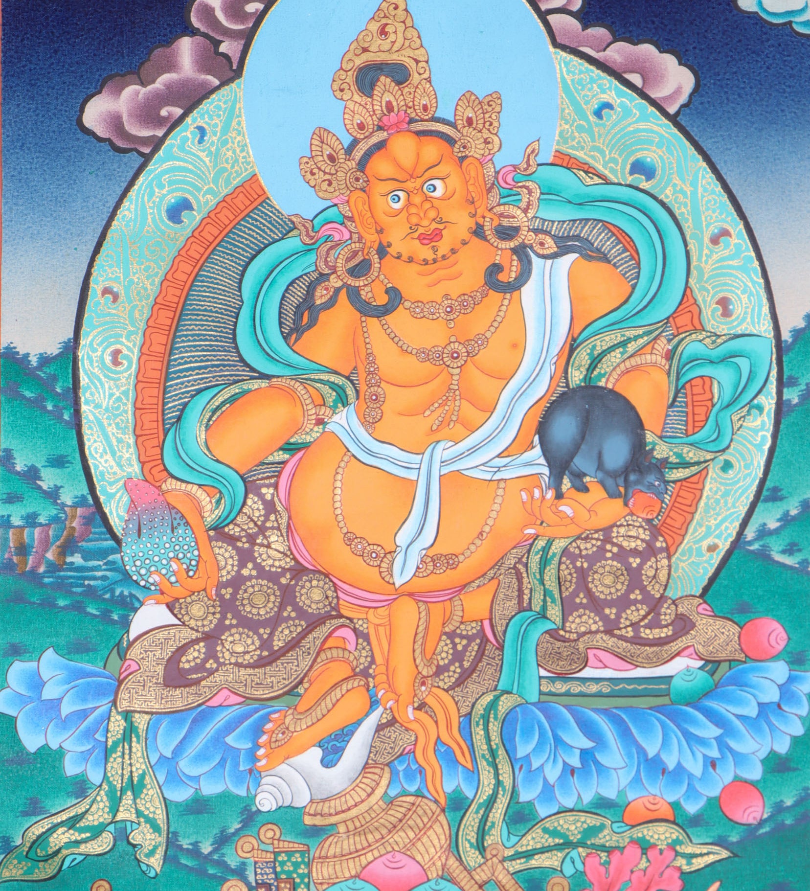 Jambhala, a wealth deity, helps remove poverty and brings abundance to Dharma practitioners.