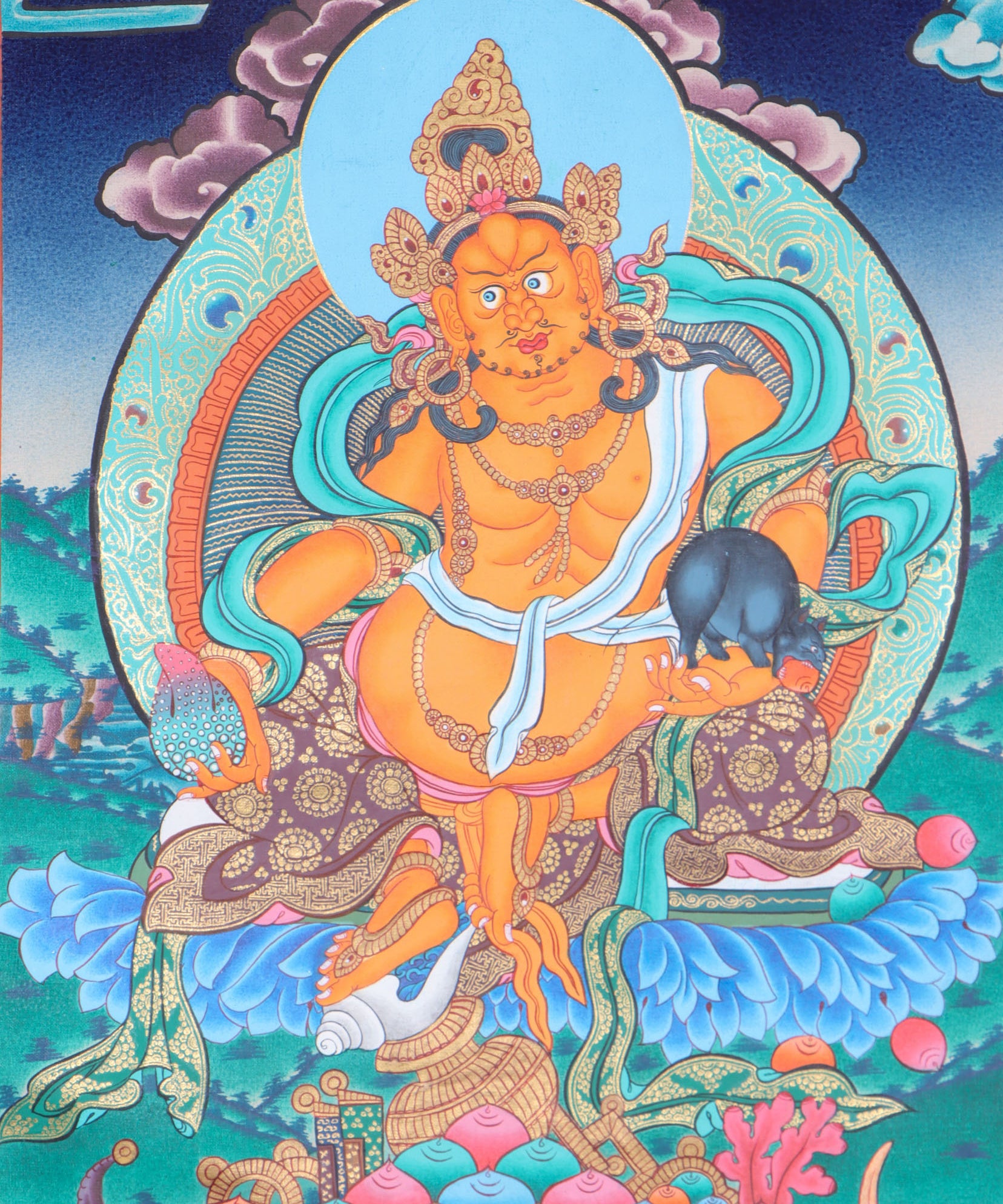 Jambhala, a wealth deity, helps remove poverty and brings abundance to Dharma practitioners.