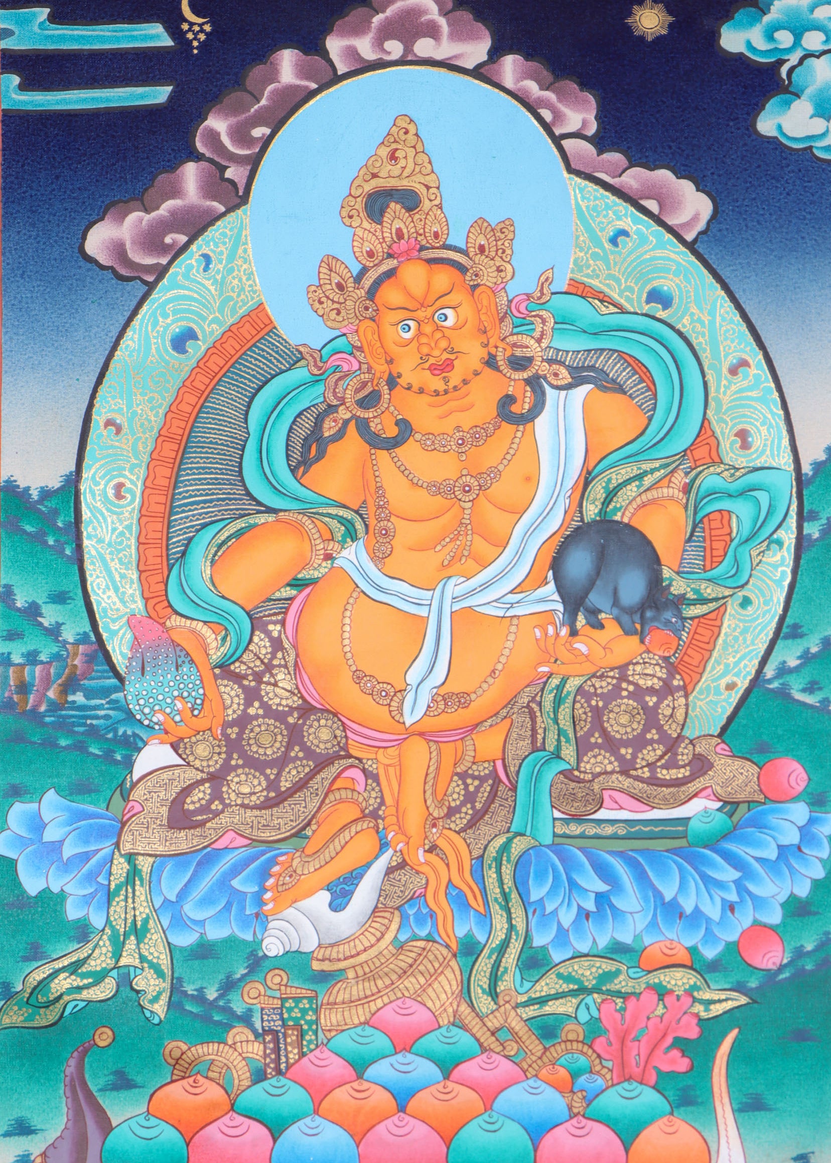 Jambhala, a wealth deity, helps remove poverty and brings abundance to Dharma practitioners.