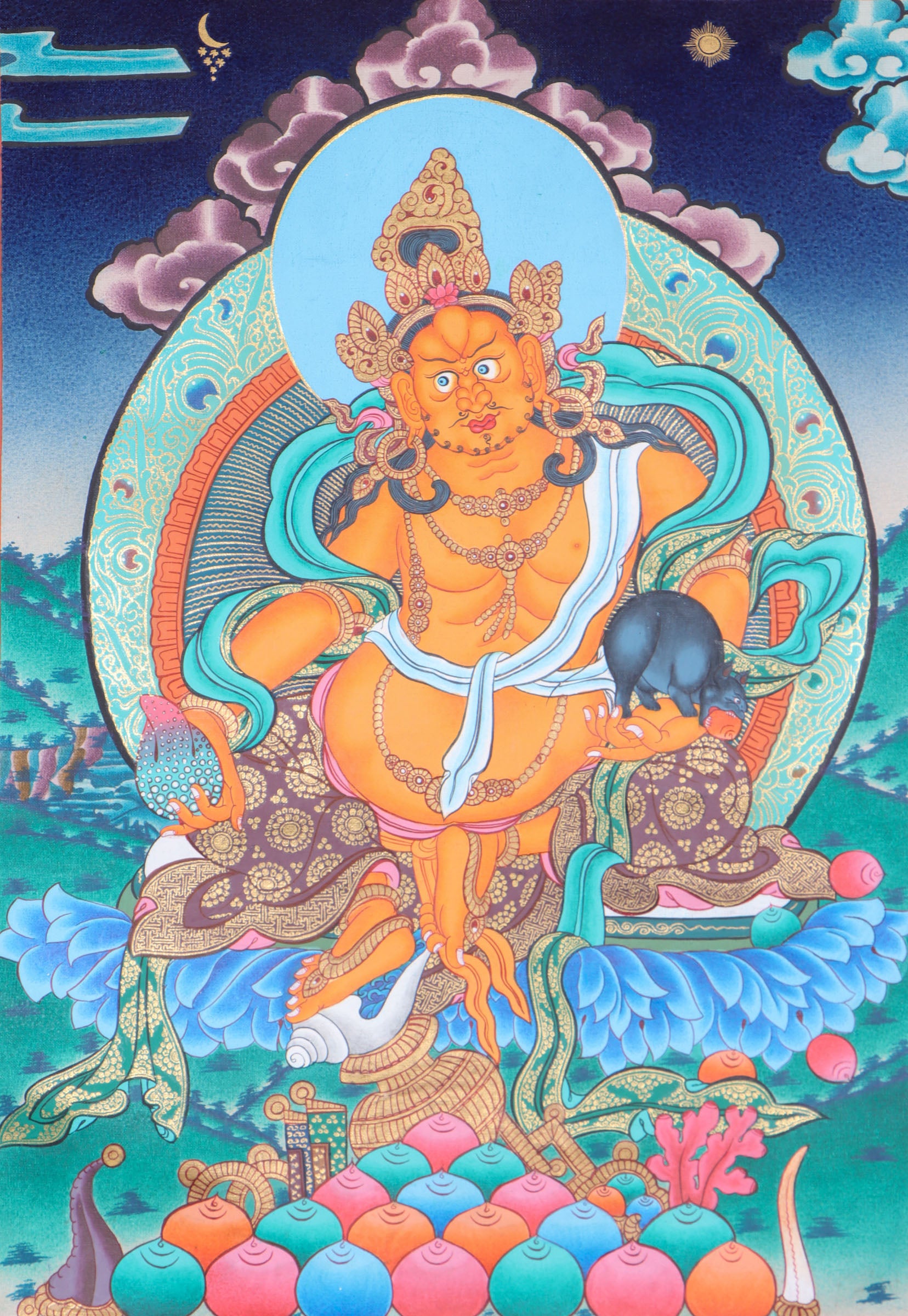 Jambhala, a wealth deity, helps remove poverty and brings abundance to Dharma practitioners.