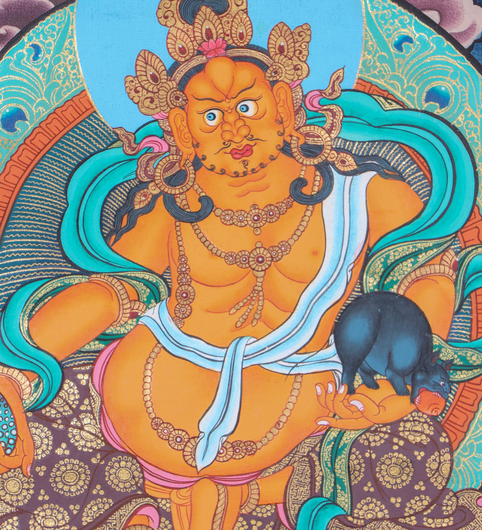 Jambhala, a wealth deity, helps remove poverty and brings abundance to Dharma practitioners.
