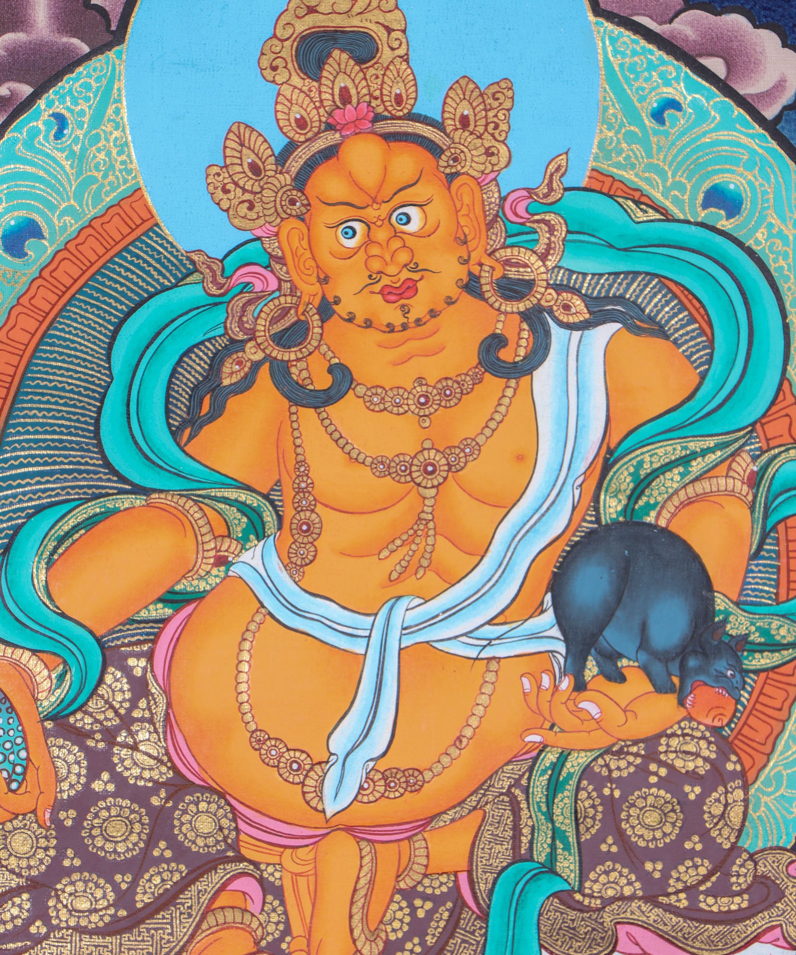 Jambhala, a wealth deity, helps remove poverty and brings abundance to Dharma practitioners.