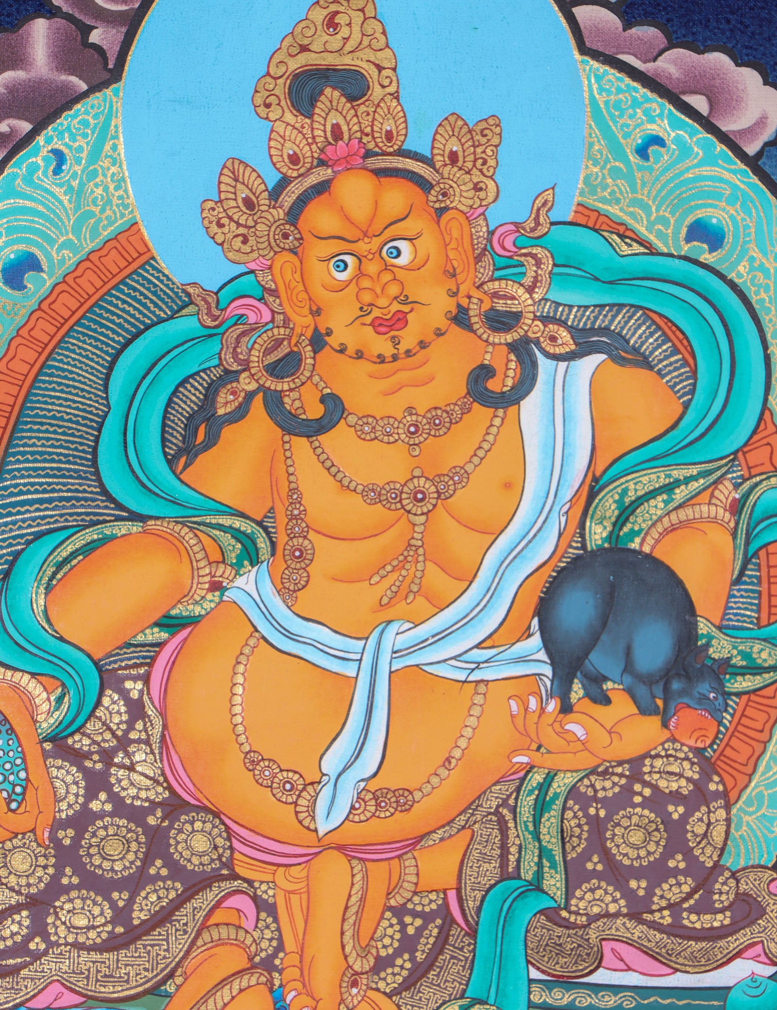 Jambhala, a wealth deity, helps remove poverty and brings abundance to Dharma practitioners.