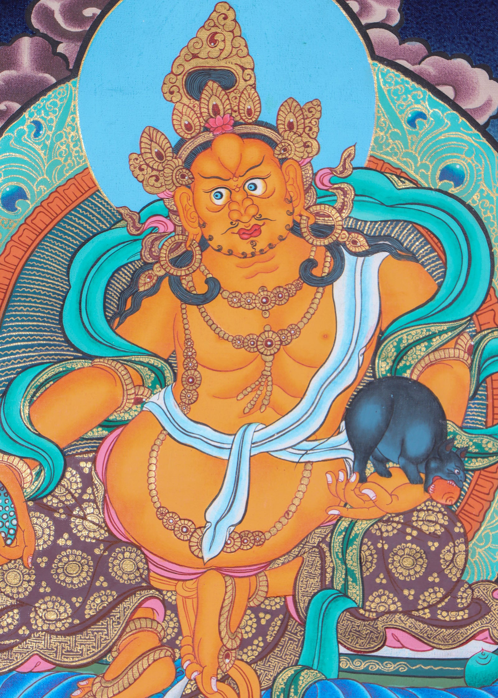 Jambhala, a wealth deity, helps remove poverty and brings abundance to Dharma practitioners.