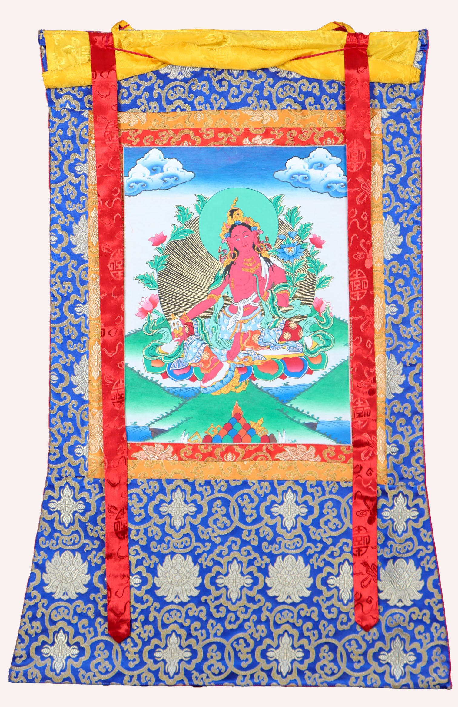 Red Tara Brocade Thangka Painting for wall decor.