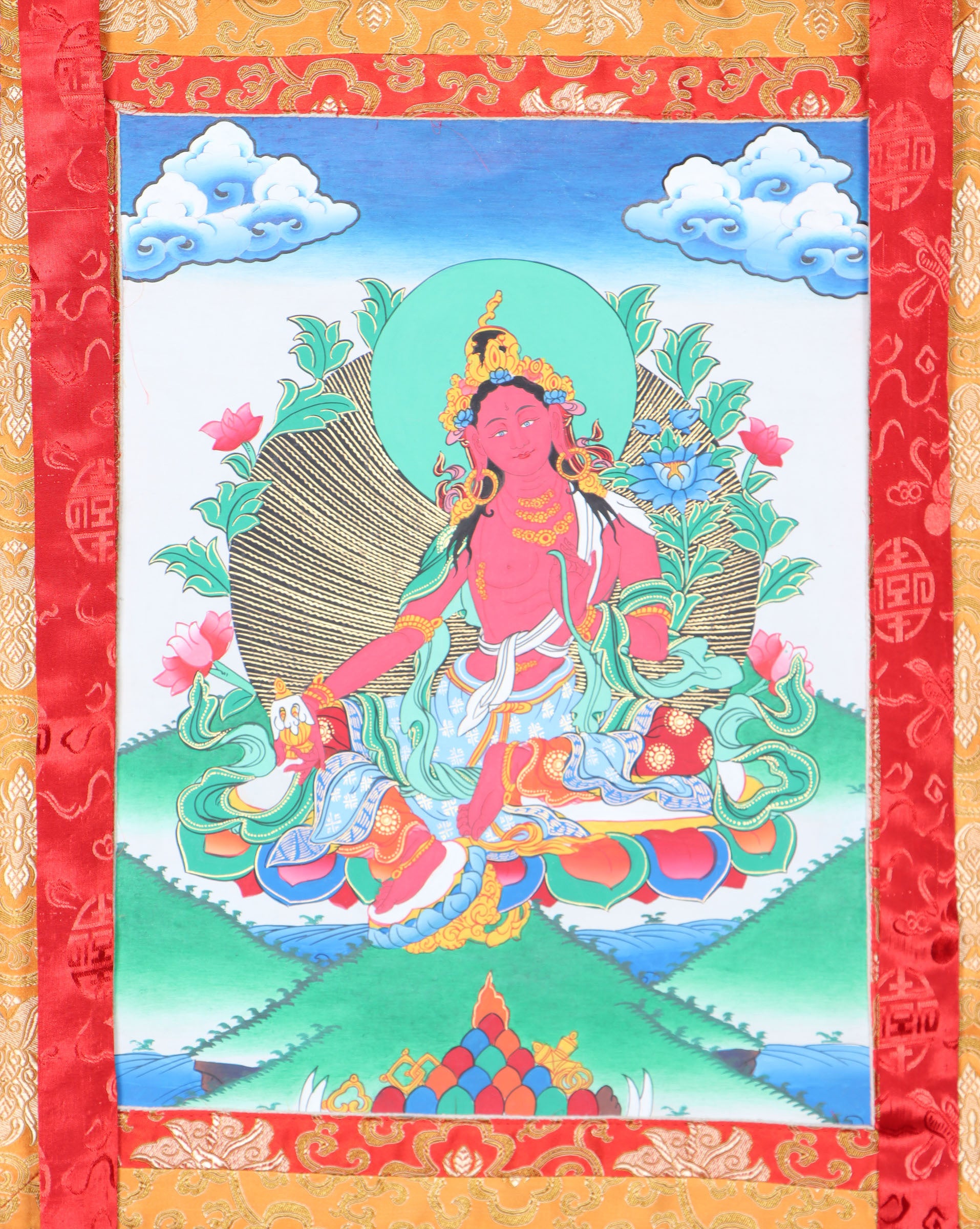 Red Tara Brocade Thangka Painting for wall decor.