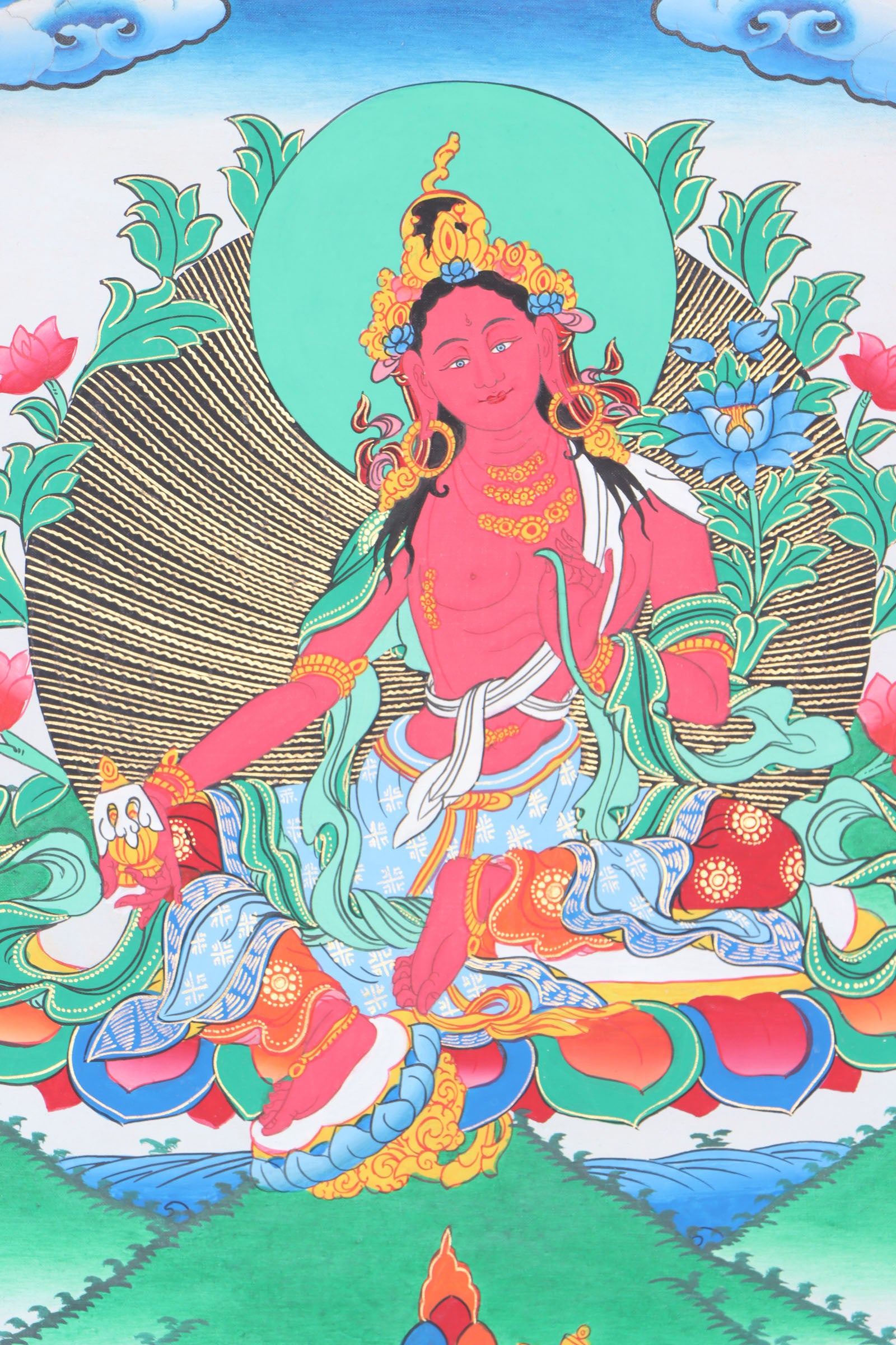 Red Tara Brocade Thangka Painting for wall decor.