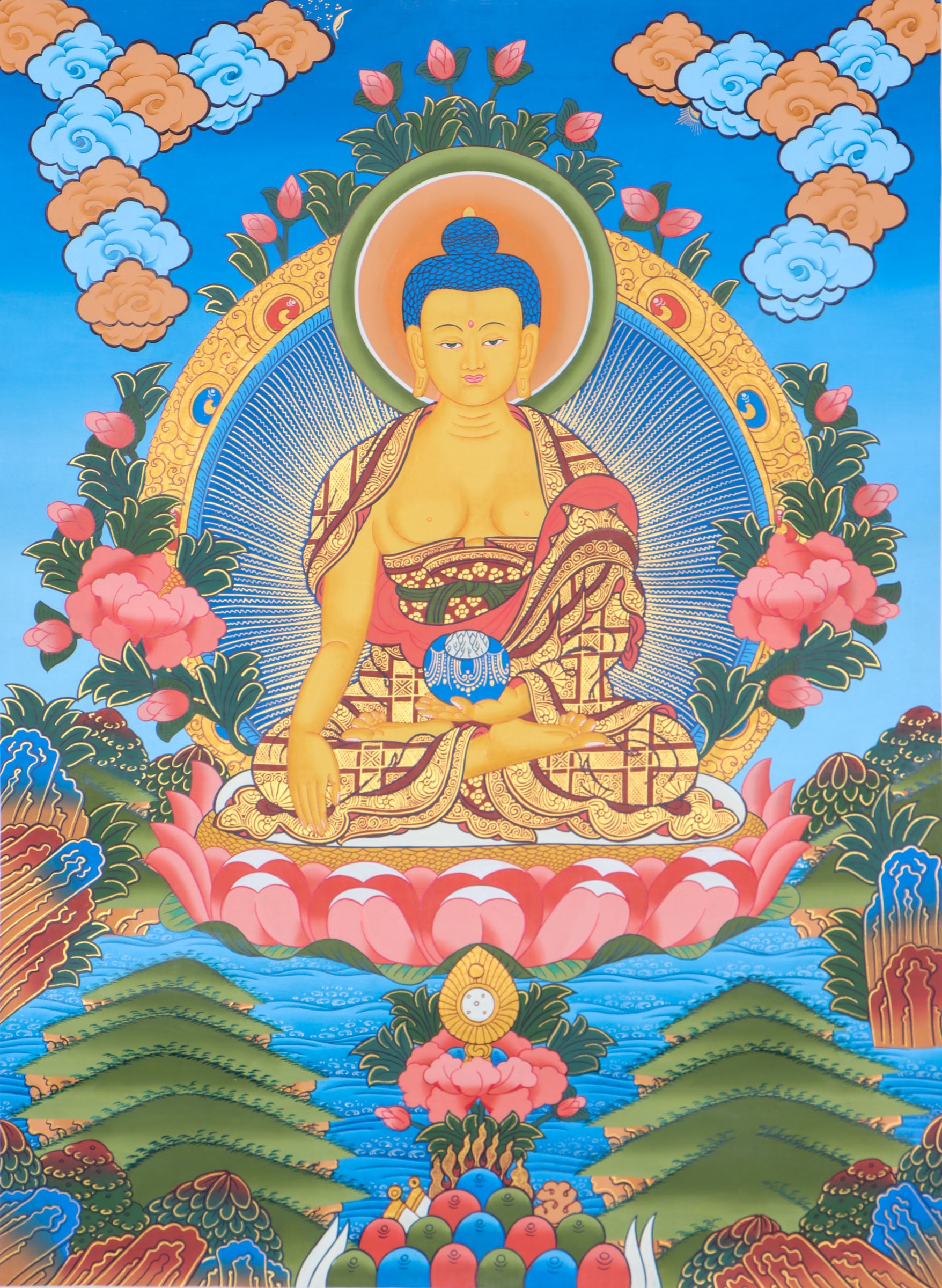 Shakyamuni Buddha thangka for alter space and prayer .