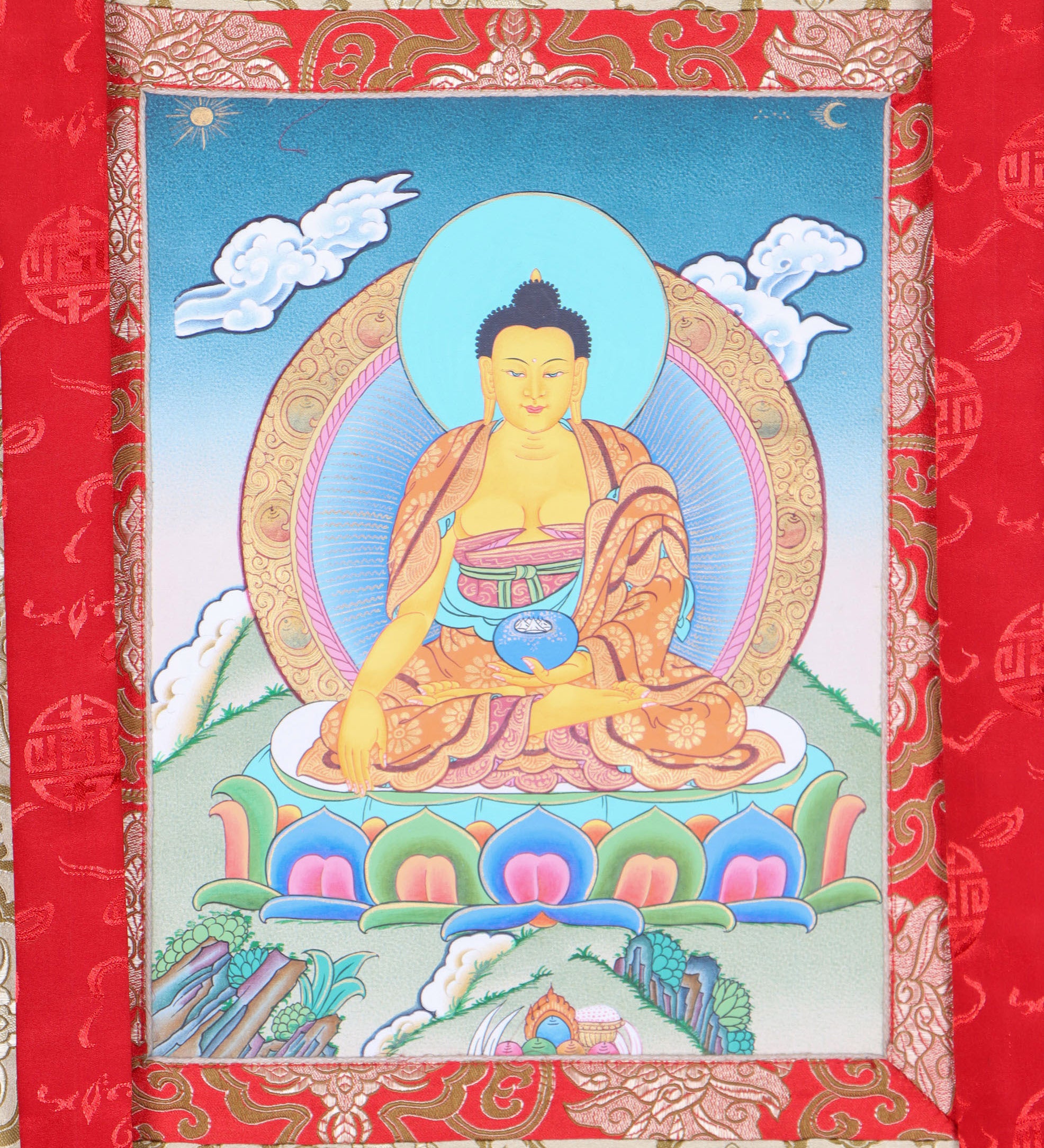 Shakyamuni Buddha Brocade Thangka for wall decor.